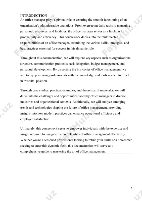 reporting, budget management, purchasing approvals, and reimbursement processes. include guidelines for handling petty cash and managing financial records. training materials: provide training materials and resources to support employee learning and development. this may include tutorials, job aids, and reference materials for specific tasks or software applications. updates and revisions: establish a process for updating and revising the manual to ensure that it remains current and relevant. encourage employees to provide feedback and suggestions for improvement. by creating an office procedures manual, the office manager helps promote consistency, efficiency, and compliance within the workplace, ultimately contributing to the smooth operation of the office environment. employee handbook developing an employee handbook is essential for any organization, as it serves as a central repository for company policies, procedures, and guidelines. here's a detailed breakdown of what an employee handbook may include: 1. introduction: start with an introductory section that welcomes employees to the …