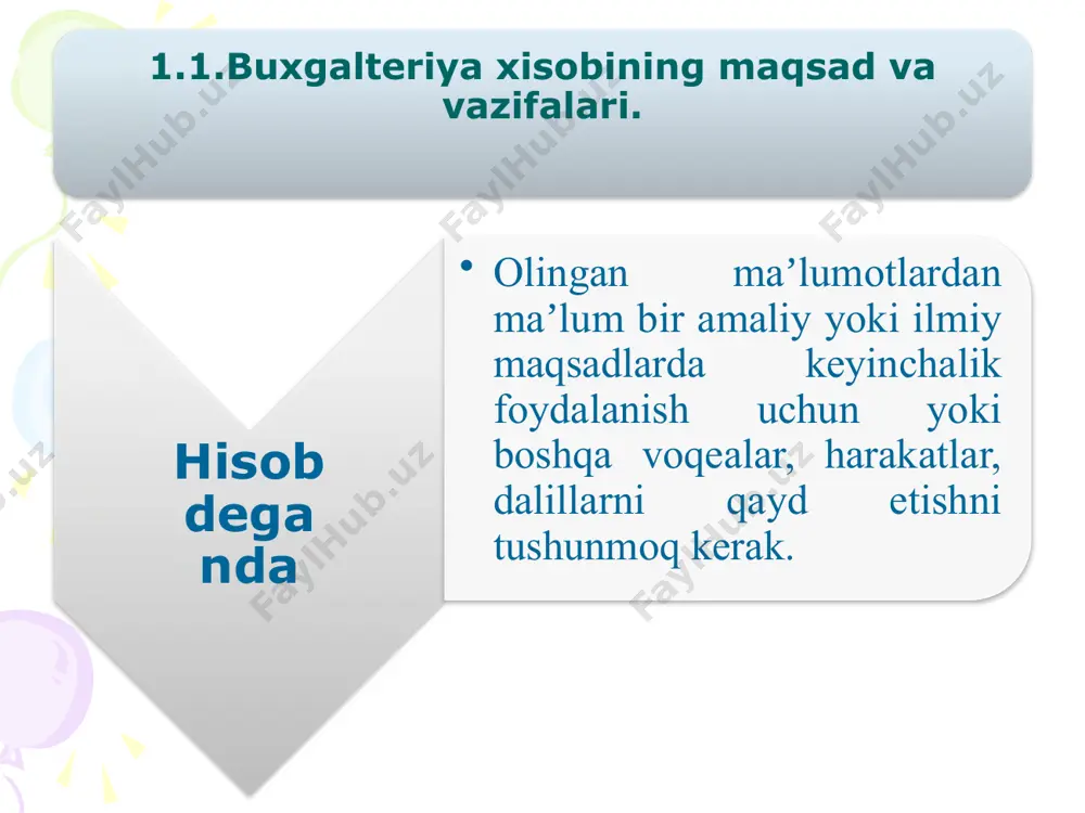 rayonlari turlari: taʼminot, ishlab chiqarish, sotish. 1.3. xoʼjalik mablagʼlari va uning tashkil topish manbalari, ularning turkumlanishi. xoʼjalik mablagʼlari birinchidan, ularning turlari hamda joylashuvi. ishlab chiqarish sohasidagi vositalar pul mablagʼlari va debitorlik qarzlar noishlab chiqarish sohasidagi mablagʼlar 1.3. xoʼjalik mablagʼlari va uning tashkil topish manbalari, ularning turkumlanishi. xoʼjalik mablagʼlari ikkinchidan, tashkil topish manbai va qanday maqsadlarga yoʼnaltirilganligi. oʼz mablagʼlari manbalari qarzga olingan mablagʼlar manbalari бухгалтерия ҳисоби счётлари хўжалик маблағлари манбаларини ҳисобга олувчи счётлар хўжалик жараёнлари ва маблағлар- нинг турларини ҳисобга олувчи счётлар четдан жалб этилган маблағларнинг манбалари ўз маблағлари манбалри тақсимот муомала ноишлаб чиқаришдаги истеъмол ишлаб чиқариш ва ишлаб чиқаришдаги истеъмол 3.1. бухгалтерия баланси ва унинг таркибий тузилиши баланс (французча balance-торози) – «тенглик», «тарозининг икки палласи» деган маъноларни билдиради. 1.4. бухгалтерия баланси ва унинг таркибий тузилиши баланс турлари бошланғич баланс ҳисобот баланси тугатиш баланс дастлабки баланс корхонанинг ташкил топаётган вақтида тузилади. ҳисобот баланси эса корхона фаолияти давомида тузилади. тугатиш баланси эса …