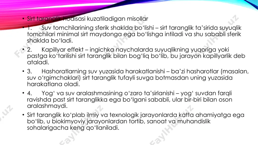 igini ko‘rsatadi. olingan natijalar sirt taranglikning suyuqlik tarkibi va molekulalararo kuchlar bilan chambarchas bog‘liqligini tasdiqlaydi. tomchi usuli orqali oddiy laboratoriya sharoitida sirt taranglikni aniqlash imkoniyati mavjud bo‘lib, u amaliyotda turli kimyoviy, biologik va texnologik jarayonlarni tushunishda muhim ahamiyatga ega. e’tiboringiz uchun rahmat! image2.png image3.png image4.png image5.png image1.png /docprops/thumbnail.jpeg