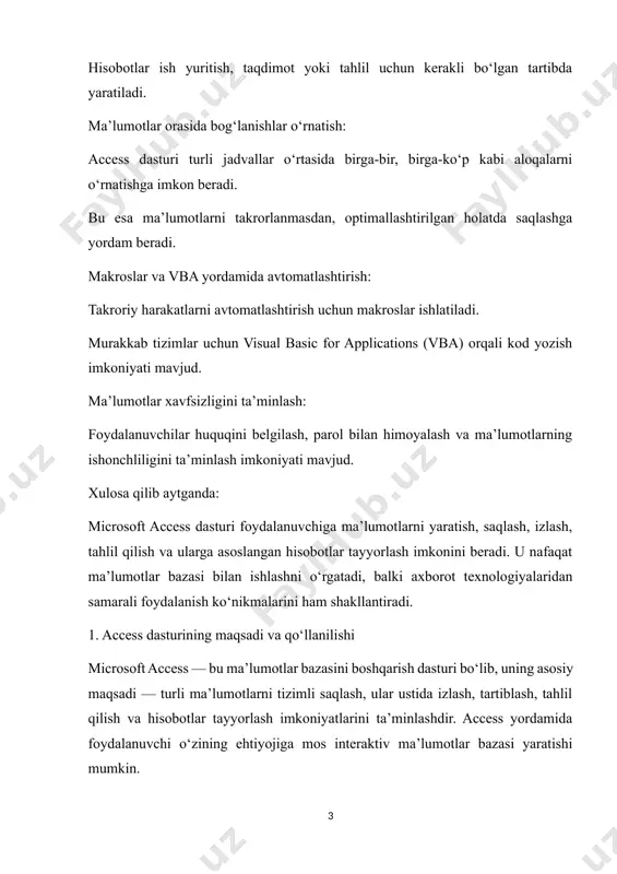 maqsadi — turli ma’lumotlarni tizimli saqlash, ular ustida izlash, tartiblash, tahlil qilish va hisobotlar tayyorlash imkoniyatlarini ta’minlashdir. access yordamida foydalanuvchi o‘zining ehtiyojiga mos interaktiv ma’lumotlar bazasi yaratishi mumkin. dasturning asosiy maqsadlari: ma’lumotlarni tartib bilan saqlash: jadval ko‘rinishida. kerakli ma’lumotni tez va aniq topish: so‘rovlar orqali. foydalanuvchilar uchun qulay interfeys yaratish: shakllar orqali. chop etishga tayyor ko‘rinishda hisobotlar tuzish. avtomatlashtirilgan amallarni bajara olish (makroslar va vba yordamida). qo‘llanilish sohalari: ta’lim muassasalarida — o‘quvchilar, fanlar va baholar ma’lumotlar bazasi. tibbiyot muassasalarida — bemorlar va dori-darmonlar hisoboti. savdo va tadbirkorlikda — mahsulotlar, mijozlar, buyurtmalarni boshqarish. kutubxona tizimida — kitoblar, a’zolar va ijaralar hisoboti. kadrlar bo‘limida — xodimlar haqida ma’lumotlar saqlanishi va nazorat qilish. 2. dastur interfeysi bilan tanishish microsoft access dasturining interfeysi foydalanuvchiga qulay va tushunarli qilib ishlab chiqilgan. dastur ochilgan zahoti, sizga yangi ma’lumotlar bazasi yaratish yoki mavjud bazani ochish taklif etiladi. asosiy interfeys elementlari: sarlavha satri (title bar): dastur nomi va …