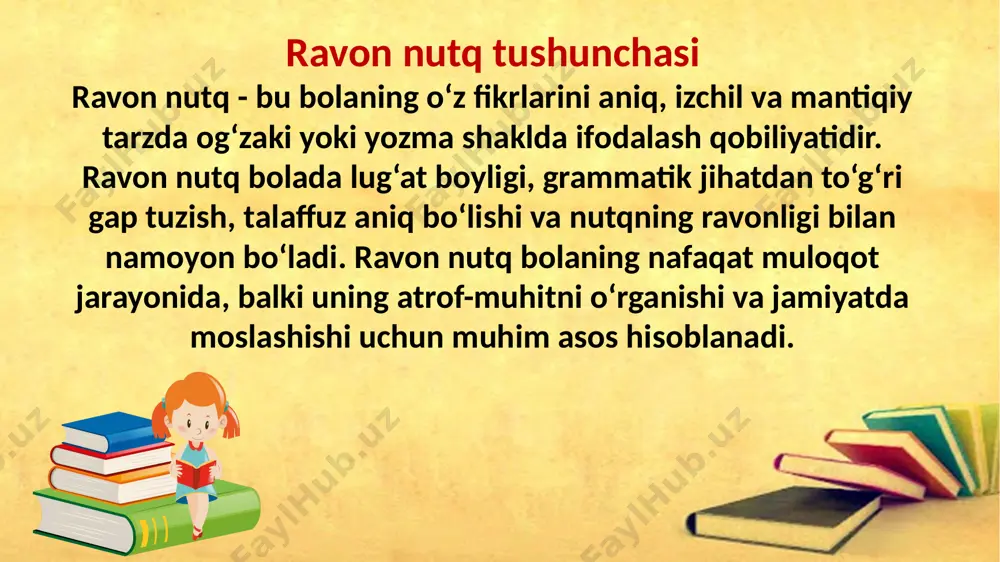 hoqlar). sinonimlar, antonimlar va bir xil so‘zlar bilan ishlashni tashkil etish. 3. grammatik to‘g‘rilikni ta’minlash: bolalarni grammatik jihatdan to‘g‘ri gap tuzishga o‘rgatish. so‘z birikmalari va gaplarning mantiqiy izchilligini o‘rgatish. 4. izchil va mantiqiy nutqni rivojlantirish: fikrni ketma-ket bayon qilishga o‘rgatish. suhbatlashish va savol-javob mashqlarida mantiqiy nutqni rivojlantirish. 5. ijodiy nutqni shakllantirish: ertaklar va hikoyalar asosida bolalarga mustaqil hikoya qilishni o‘rgatish. rasmlar va kartinalar bo‘yicha voqea tuzishga undash. mashg‘ulotlarni tashkil etish metodlari 1. interfaol suhbatlar: bolalar bilan turli mavzularda suhbatlar o‘tkazib, ularni muloqotga jalb qilish. savol-javob orqali bolalarning fikrlash va gapirish ko‘nikmalarini rivojlantirish. 2. didaktik o‘yinlar: so‘zlarni aniqlash, gap tuzish va hikoya qilishga yo‘naltirilgan o‘yinlar. rolli o‘yinlar (masalan, “do‘kon”, “bolalar bog‘chasi”) orqali ijodiy nutqni rivojlantirish. 3. badiiy asarlardan foydalanish: ertaklar, hikoyalar va she’rlarni o‘qib eshittirish va ularni qayta aytib berishga undash. badiiy asarlar asosida qahramonlar haqida suhbatlashish va tahlil qilish. 4. tasviriy vositalardan foydalanish: rasmlar va mavzuli kartinalar asosida voqealar hikoya …