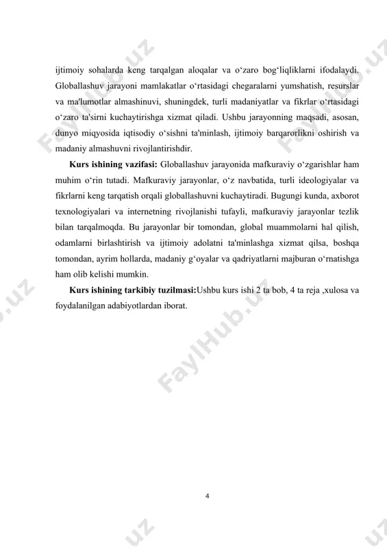kuraviy immunitetni shaklantirish vazifalari. 1.1.«mafkuraviy immunitet» tushunchasi: «xavfsizlik» (mafkuraviy), (barqarorlik) tushunchasi. «mafkuraviy tahdid» tushunchasi, «mafkuraviy xavfsizlik». xxi asr boshlariga kelib dunyo mamlakatlari o`rtasidagi o`zaro ta`sir shu qadar kuchayib ketdiki, bu jarayondan to`la chegaralanib olgan birorta ham davlat yo`q, deb to`la ishonch bilan aytish mumkin. hattoki, xalqaro tashkilotlardan uzoqroq turishga intilayotgan, ularga a`zo bo`lishni istamayotgan mamlakatlar ham bu jarayondan mutlaqo chetda emas. globallashuv shunday jarayonki, undan chetda turaman, degan mamlakatlar uning ta`siriga ko`proq uchrab qolishi mumkin. bunday g`ayri ixtiyoriy ta`sir esa ko`pincha salbiy bo`ladi. globallashuvning turli mamlakatlarga o`tkazayotgan ta`siri ham turlicha. bu hol dunyo mamlakatlarining iqtisodiy, axborot, ma`naviy salohiyatlari va siyosati qanday ekani bilan bog`liq. dunyoda yuz berayotgan shiddatli jarayonlarning har bir mamlakatga o`tkazayotgan salbiy ta`sirini kamaytirish va ijobiy ta`sirini kuchaytirish uchun shu hodisaning mohiyatini chuqurroq anglash, uning xususiyatlarini o`rganish lozim. bu hodisani chuqur o`rganmay turib unga moslashish, kerak bo`lganda, uning yo`nalishini tegishli tarzda o`zgartirish mumkin emas. globallashuv yana shunday jarayonki, …