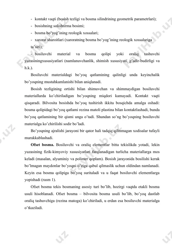 p yuzasidan chiqib turadi va bitta tekislikda yotadi (rasm 2). bosma qolipi bo’yoq bilan qoplanganda bo’yoq chiqib turgan (bosiluvchi) elementlarga yopishadi va keyin bosim ostida bosiluvchi materialga ko’chiriladi. kitob bosishga mo’ljallangan yuqori bosmada qattiq (metall qotishmasidan tayyorlangan) bosma qolipidan, fleksografiya bosmada esa yumshoq, egiluvchan bosma qolipidan foydalaniladi b 2-rasm. yuqori bosma usulining bosma qolipi: a – shakli; b – kattalashtirilgan tasviri yuqori bosma texnologiyasi quyidagi bosma tizimlarida qo’llaniladi: · yuqori (tipografik) bosma; · fleksografik bosma; · tipoofset bosma yoki yuqori ofset. tipografik bosma – yuqori bosmaning eng qadimiy usuli hisoblanadi. mohiyati jihatidan terish uchun alohida literalarni tayyorlash va ulardan foydalanishdan iborat bo’lgan gutenbergning xv asr o’rtalaridagi ajoyib ixtirosi qo’lyozmalarni ko’paytirish va kitob tayyorlashni tezlashtirishga va tejamkor qilishga imkon berdi. tipografik bosmada bosma kontaktining turli shakllaridan foydalaniladi: · tekislik – tekislik – tigelli uskunalarda bosish; · tekislik – silindr – tekisbosma uskunalarida bosish (tarixiy nomitezkorbosish uskunasi); · silindr – silindr – …