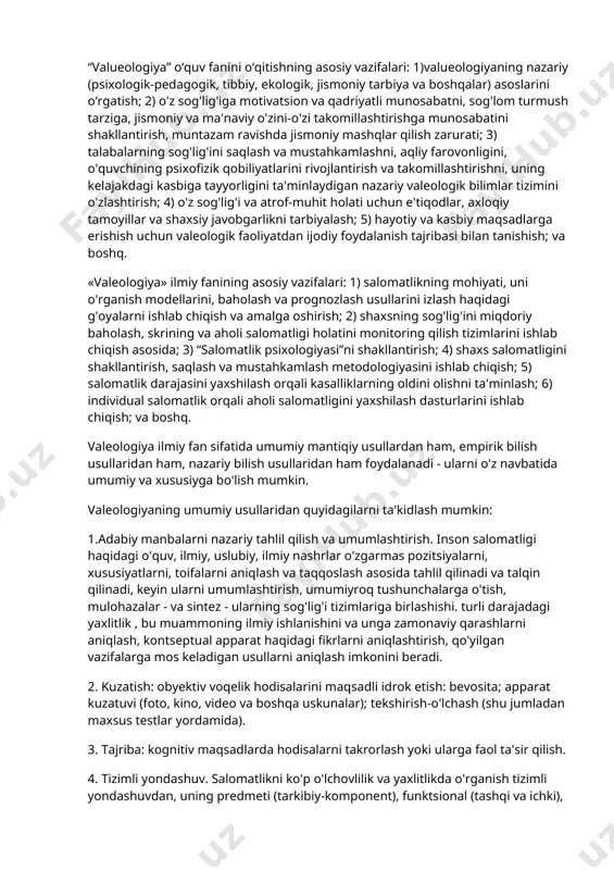 larni aniqlash va taqqoslash asosida tahlil qilinadi va talqin qilinadi, keyin ularni umumlashtirish, umumiyroq tushunchalarga o'tish, mulohazalar - va sintez - ularning sog'lig'i tizimlariga birlashishi. turli darajadagi yaxlitlik , bu muammoning ilmiy ishlanishini va unga zamonaviy qarashlarni aniqlash, kontseptual apparat haqidagi fikrlarni aniqlashtirish, qo'yilgan vazifalarga mos keladigan usullarni aniqlash imkonini beradi. 2. kuzatish: obyektiv voqelik hodisalarini maqsadli idrok etish: bevosita; apparat kuzatuvi (foto, kino, video va boshqa uskunalar); tekshirish-o'lchash (shu jumladan maxsus testlar yordamida). 3. tajriba: kognitiv maqsadlarda hodisalarni takrorlash yoki ularga faol ta'sir qilish. 4. tizimli yondashuv. salomatlikni ko'p o'lchovlilik va yaxlitlikda o'rganish tizimli yondashuvdan, uning predmeti (tarkibiy-komponent), funktsional (tashqi va ichki), tarixiy (genezis va prognoz) jihatlaridan foydalanishni o'z ichiga oladi. tizimli yondashuvning mazmunli jihati sifatida tizimli tahlil salomatlikning tarkibiy qismlarini (quyi tizimlarini) va ularning o'zaro munosabatlarining tabiatini aniqlash uchun ishlatiladi. funktsional tahlil sog'liqni saqlash tizimining ichki faoliyatini, uning tarkibiy qismlarining o'zaro ta'sirini, shuningdek, tashqi funktsiyalarini, metatizimlar bilan o'zaro …
