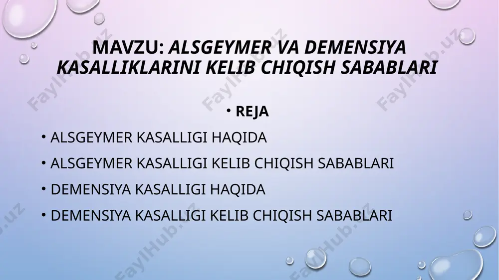 omil sifatida qaralmoqda. altsgeymer kasalligining rivojlanishida bir nechta omillar birgalikda rol o‘ynashi mumkin, shuning uchun kasallikni oldini olish yoki boshqarish uchun bir nechta choralar ko‘rish zarur. demensiya nima? demensiya — bu miya faoliyatining buzilishi natijasida xotira, tafakkur, xulq-atvor va kundalik hayot faoliyatiga salbiy ta’sir ko‘rsatadigan surunkali kasalliklar to‘plamidir. bu mustaqil kasallik emas, balki turli kasalliklar va holatlar natijasida yuzaga keladigan sindrom hisoblanadi. * demensiyaning asosiy belgilari 1. xotira buzilishi – yaqinda sodir bo‘lgan voqealarni eslay olmaslik. 2. tafakkur va mantiqiy fikrlashda zaiflik – oddiy muammolarni hal qila olmaslik. 3. so‘zlashuvdagi muammolar – so‘zlarni topishda qiynalish yoki noto‘g‘ri ishlatish. 4. yo‘l yo‘qotish – tanish joylarda yo‘ldan adashish. 5. xulq-atvor va kayfiyatda o‘zgarishlar – g‘azab, tushkunlik, agressiya. 6. motivatsiyaning kamayishi – kundalik ishlarni bajarishga qiziqmaslik. demensiya kasalligi haqida demensiyaning turlari 1. altsgeymer kasalligi – demensiyaning eng keng tarqalgan turi (60–80%). sekin-asta rivojlanadi. 2. vaskulyar demensiya – miya qon aylanishining buzilishi sababli yuzaga …