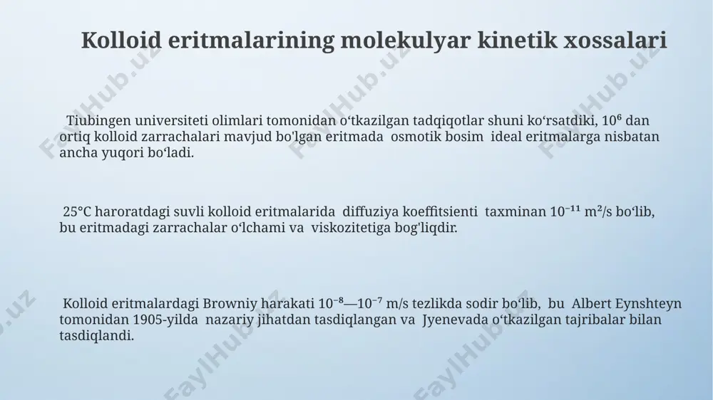 an keng o'rganilgan. kolloid eritmalarining cho'kishi tezligi, zarrachalar o'lchami va zichligiga bog'liq bo'lib, stokes qonuniga (1851 yilda jorj gabriel stoks tomonidan ishlab chiqilgan) muvofiq 10⁻⁷-10⁻⁹ m gacha bo'lgan diametrli zarrachalar uchun aniqlanadi. sentrifugalanish, 10000 g dan ortiq tezlashuvlar bilan, kolloid zarrachalarining tezroq cho'kishini ta'minlaydi, masalan, tibbiyotda qon plazmasini ajratishda qo'llaniladi (masalan, 15000 g da 10 daqiqa). osmos va onkotik bosim oсмос bosimi, masalan, 20°c da suvda 1 molal glyukoza eritmasida taxminan 2,45 atm bo'ladi va bu qiymat eritmaning konsentratsiyasi bilan to'g'ridan-to'g'ri proportsionaldir. o'zbekistonning samarqand shahridagi olimlar o'tkazgan tadqiqotlar shuni ko'rsatdiki, 0,9% li nacl eritmasining osmotik bosimi inson qon plazmasining osmotik bosimiga yaqin bo'lib, izotonik eritma sifatida qo'llaniladi. onkotik bosim, asosan, qon plazmasidagi katta molekulalar, masalan, albomindan kelib chiqadi va bu bosimning qiymati taxminan 25-30 mmhg ga teng bo'lib, hujayra hajmini saqlashda muhim rol o'ynaydi. diffuziya kolloid eritmalarda agar kolloid eritmaning konsentratsiyasi 10⁻³ mol/l dan oshsa, diffuziya jarayonida ona-zarrachalarning o'zaro ta'siri …