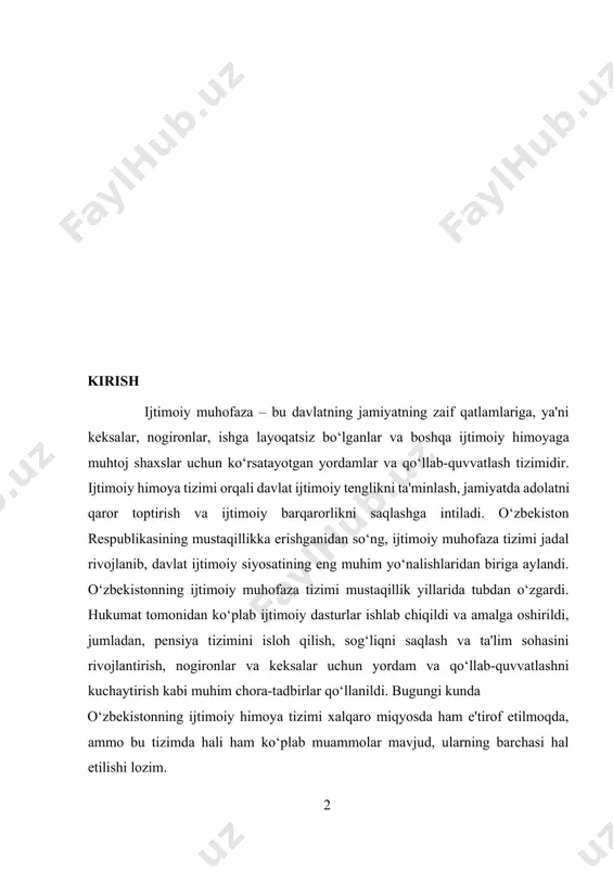 ijtimoiy tenglikni yaratishdir. o‘zbekistonda bu tizimning asosiy qismlari sifatida pensiya ta’minoti, sog‘liqni saqlash xizmati, mehnat bozoridagi ijtimoiy dasturlar va ijtimoiy xizmatlar kiritilgan. biroq, tizimni yanada takomillashtirish, yangi imkoniyatlar yaratish, shu jumladan, ijtimoiy yordam dasturlarining samaradorligini oshirish va ularga teng imkoniyatlar yaratish kabi masalalar hali ham dolzarb bo‘lib qolmoqda. shu bilan birga, o‘zbekiston ijtimoiy muhofaza tizimining rivojlanishida bir qator qiyinchiliklar ham mavjud. masalan, ayrim hududlarda ijtimoiy yordamga muhtoj bo‘lgan aholi qatlamlarining ahvoli yomonlashgan, ijtimoiy xavfsizlik tizimi hamon to‘liq va barqaror emas. shuningdek, ijtimoiy xizmatlar va sog‘liqni saqlash tizimlarining rivojlanishi uchun yetarli moliyaviy resurslar va infratuzilma mavjud emas. ijtimoiy muhofaza – bu davlat tomonidan jamiyatning ijtimoiy zaif qatlamlarini qo‘llab-quvvatlash, ularga zarur yordamni ko‘rsatish va hayot darajasini yaxshilashga qaratilgan tizimdir. har bir mamlakatda ijtimoiy muhofaza tizimi o‘zining tarixiy, iqtisodiy, siyosiy va madaniy sharoitlariga mos ravishda shakllanadi. o‘zbekiston respublikasi ijtimoiy muhofaza tizimi ham o‘ziga xos xususiyatlarga ega bo‘lib, uning shakllanishi va rivojlanishi milliy an’analar, …