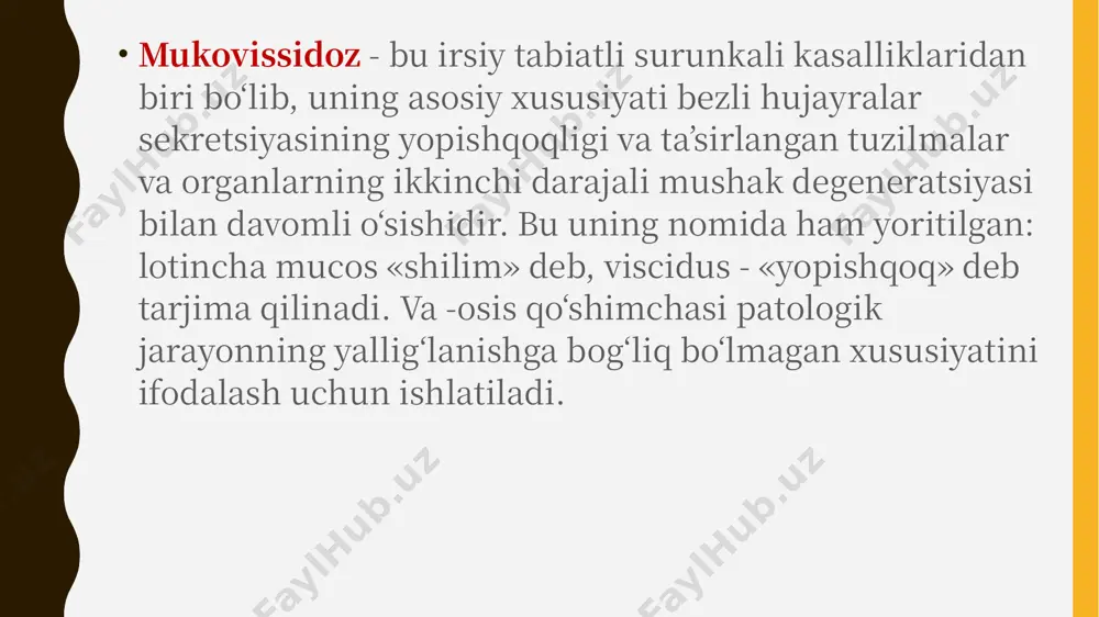 uzilishlar. bu membran potensialining o‘zgarishiga olib keladi va boshqa ion kanallarining, asosan, natriy kanalining ishini yomonlashtiradi. hujayralardagi natriy ionlarining konsentratsiyasini oshishi hujayralar yaqin atrofdagi suvdan faolroq olinishiga olib keladi. mukovissidozda bezli xujayralarga ta’sir qilgani uchun suyuqlik allaqachon ular tomonidan chiqarilgan sekretdan so‘riladi. ushbu jarayon hech qanday kompensatsiya qilinmaydi va organlarda ikkinchi darajali qaytarib bo‘lmas o‘zgarishlarga olib keladi. sekretsiyani to‘xtab qolishi bez organlari va atrofidagi to‘qimalarning yallig‘lanishiga olib keladi. shuning uchun, mukovissidozda ko‘pincha quyidagi holatlar yuzaga keladi: pankreatit (oshqozon osti bezi o‘z fermentlari bilan eritilishi), holangogepatit (safro kanallari va jigar yallig‘lanishi), bronxopnevmoniya (bronx kanallari yopilib qolishi natijasida) aniqlangan. kasallikning shakllari va ko‘rinishlari mukovissidoz holatida, ularning kattaligidan qat’iy nazar, barcha ekzokrin bez o‘simtalari ta’sirlanadi. ammo turli organlarda patologik o‘zgarishlarning ko‘rinishi odatda har xil bo‘ladi. shu munosabat bilan kasallikning bir nechta klinik shakllari ajratiladi: meekonial ichak yo‘li yopilishi. bu endi tug‘ilgan chaqaloqlarda birinchi kunlarda rivojlanadi va ularda bu asosan birlamchi najasni quyuqlashuvi orqali …