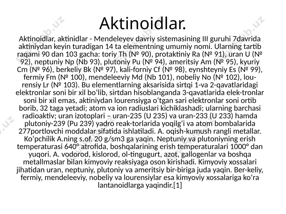 ioaktivlik hodisasini birinchi marta 1896 yilda a. a. bekkerel kashf qilgan. u uran tuzlaridan nomaʼlum nurlar chiqishini, bu nurlar xuddi rentgen nurlari kabi har xil moddalardan oʻtishini, fotografiya plstinkasini qoraytirishini birinchi boʻlib aniqladi va ularni radioaktiv nurlar deb atadi. tez orada toriyning radioaktivligi aniqlandi. 1898 y.da esa m. sklodovskaya kyuri va p. kyurilyar ikkita yangi radioaktiv element (poloniy va radiy) ni kashf etdilar. e. rezerford va yuqorida nomlari zikr etilgan olimlarning kuzatishlari natijasida radioaktiv moddalar oʻzidan uch xil koʻrinishdagi (a, r va u)nurlarni chiqarishi aniqlandi va bu nurlarning tabiati oʻrganildi: anurlar ikkita musbat zaryadga ega boʻlgan geliy atomining yadrosidan iborat; nurlar manfiy zaryadga ega boʻlgan elektronlardan iborat; unurlar rentgen nurlariga oʻxshaydigan elektromagnit nurlanishdir. sun’iy radioaktivlik. uran radioaktiv chiqaradigan yagona element emas. radioaktivlikni har tomonlama chuqur o’rgangan er – xotin mariya va pyer kyurilar uran rudasidan ikkita radioaktiv element – poloniy (po) va radiy (ra) larni ajratib olish sharafiga muyassar bo’ldilar. …