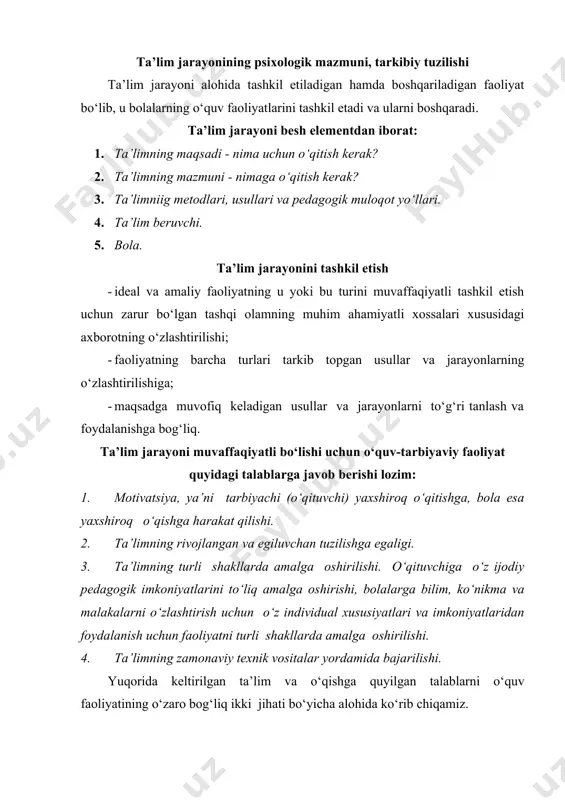 iga shaxsiy qiziqishini anglatadi. o‘qituvchi (tarbiyachi) ning faqat moddiy qiziqishlarini qondirish, yoki ishsiz qolmaslik, qisqarishga tushmaslik uchungina ta’lim berishi, muvaffaqiyatsizlikdan qochish motivatsiyasi bilan bog‘liq bo‘lib, bunda pedagogik faoliyatda yaxshi natijalarga erishish mumkin emas. ta’lim mahsuldorligini oshirishdagi dastlabki vazifa uni chuqur va ko‘p motivatsiyali jarayonga aylantirishdir. o‘qituvchi bolalarni o‘qitish jarayonida o‘z hayotining asosiy mazmuni va maqsadini ko‘ra boshlaganida ta’lim samarali bo‘ladi. ta’lim va ta’lim jarayonida bolaning rivojlanishi muammosi yosh davrlari va pedagogik psixologiya fanining asosiy masalalaridan biridir. ta’lim va rivojlanish muammosiga doir qator nazariyalar ishlab chiqilgan bo‘lib, ulardan biri: 1. aqliy xatti-harakatlar, bilim, ko‘nikma va malakalarni bosqichmabosqich rivojlantirish nazariyasi (p.y.galperin). p.y.galperin nazariyasi bo‘yicha bilimlarni o‘zlashtirish jarayoni olti bosqichni boshidan kechirib, ularga: 1. motivatsiya. 2. tushuntirish. 3. moddiy formadagi xatti-harakatlarni bajarish. 4. baland ovozda xatti-harakatlar va vazifalarni bajarish. 5. bajariladigan xatti-harakatlarni ichki rejada ovoz chiqarmay bajarish. 6. faoliyatni fikran bajarish kiradi. ushbu nazariyada ta’limning uchta asosiy turi ajratiladi: · birinchi turda - …