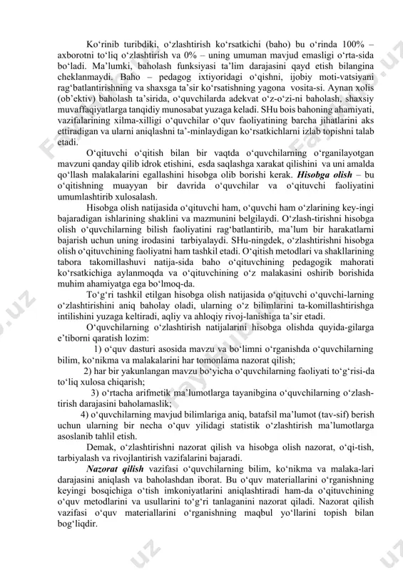 shtirish darajasini tashxislash imkonini beradi. mazkur tekshirish-ning asosiy vazifasi o‘rgatishdir. bunday tekshirishning shakl va metod-lari turlicha bo‘lib, ular o‘quv materiali mazmuni, murakkabligi, o‘quvchi-larning yoshi va tayyorgarligi, ta’lim bosqichi va maqsadlari, muayyan peda-gogik sharoitlarga bog‘liq bo‘ladi. takroriy tekshirish bilim, ko‘nikma va malakalarni tekshirishning uchinchi bo‘g‘ini sanalib, joriy tekshirish kabi mavzuli bo‘lishi mumkin. yangi mavzuni o‘rganish bilan birga o‘quvchilar avval o‘rganilganlarni tak-rorlaydilar. takroriy tekshirish bilimlarni mustahkamlashga ko‘maklasha-di, biroq o‘quv ishlari bosqichini tavsiflash, bilimlarni o‘zlashtirish mus-tahkamligi darajasini tashxislash imkonini bermaydi. ushbu tekshirish tashxisning boshqa turlari va metodlari bilan birga qo‘llanilsagina kutil-gan samarani beradi. tizimning to‘rtinchi bo‘g‘ini o‘quvchilarning bilim, ko‘nikma va mala-kalarini yaxlit bo‘lim yoki kursning alohida mavzusi bo‘yicha davriy tek-shirish hisoblanadi. mazkur tekshirishning maqsadi – kursning turli qismlarida o‘rganilgan o‘quv materialining strukturaviy elementlari o‘rtasidagi o‘zaro aloqalarni o‘zlashtirish sifatini tashxislash. davriy tekshirishning asosiy vazifasi – tizimlashtirish va umumlashtirish. tekshirishni tashkil etishda beshinchi bo‘g‘in ta’lim oluvchilarning, ta’lim jarayonining barcha bosqichlarida egallangan bilim, ko‘nikma va ma-lakalarini …