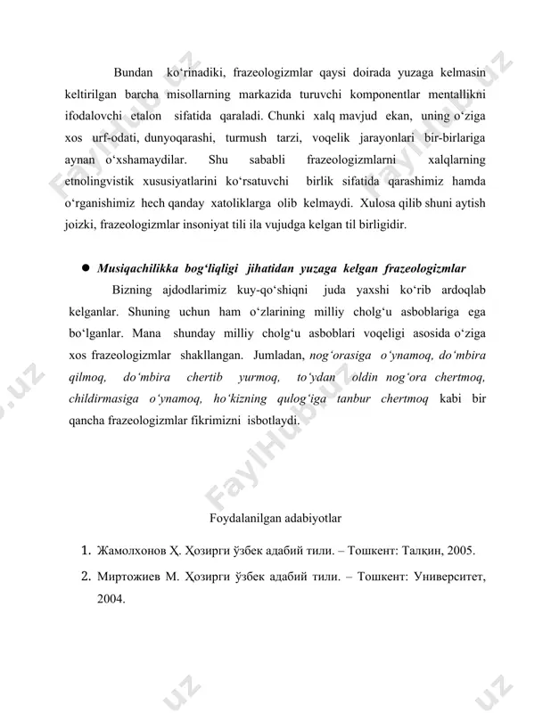 ология как форма отражения национального менталитета в языковой картине (на материале русского и узбекского языков). акд. – ташкент, 1999. 5. yo‘ldoshev b. o‘zbek frazeologiyasi va shakllanishi hamda taraqqiyoti. – samarqand: samdu nashri, 2013.
