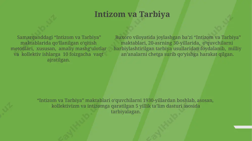 rning o‘zaro hamkorlik va bilim almashishini rag‘batlantirgan, lekin individual yutuqlarni baholash mexanizmi zaif bo‘lgan. 18-asr samarqanddagi darsliklarning kamligi va yozma materiallarga cheklangan kirish imkoniyati o‘qitish jarayonini qiyinlashtirgan, biroq og‘zaki an’analar va ustoz-shogird munosabatlari kuchli bo‘lgan. qadimgi maktablarda, masalan, 19-asr buxoro madrasalarida, yod olish usuli keng qo‘llanilgan bo‘lib, bu talabalarning mustaqil fikrlash qobiliyatini cheklab qo‘ygan, ammo diniy bilimlarni chuqur o‘zlashtirishga yordam bergan. sinf xonalari va maktab muhiti qo'qon xonligidagi maktablarda 5-6 yoshli bolalar hisob, yozuv va diniy ta'limotlarni o'rgangan bo'lib, tahlilga asoslangan o'quv dasturlari mavjud emas edi. 19-asr oxiri – 20-asr boshlarida buxoro va samarqand madrasalarida darslar asosan og'zaki ravishda, “muallim-shogird” an'anaviy usulida, qfosh va qo'lyozma kitoblardan foydalanib o'tilgan. toshkentdagi rus-tuzem maktablarida 1870-yillardan boshlab klassik ta'lim usullari, jadval va xarita kabi ko'rgazmali qurollardan foydalanish keng tarqala boshladi. e'tiboringiz uchun rahmat @taqdimot_robot