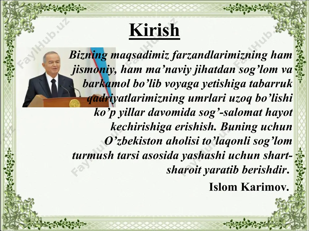 mlakatimizda sog’lom va uyg’un kamol topgan avlodni tarbiyalash uchun zarur imkoniyatlar hamda shart-sharoitlar yaratish xxi asr intellektual qadriyatlar ustivorlik qiladigan asr ekanligini e’tiborga olgan holda vatanimiz yigit va qizlarini har tomonlama barkamol shaxs etib shakllantirish borasidagi keng ko’lamda chora-tadbirlar kompleksini amalga oshirish maqsadida 2010 yilni “barkamol avlod yili” deb e’lon qilingan. sog’lom turmush tarzini shakllantirish va aholini o’quvchilar sog’lig’ini mustahkamlash maqsadida sog’lom turmush tarzi go’yalarini targ’ib qilish. uning mohiyatini belgilovchi omillar orasida tibbiy-gigiyenik madaniyatni shakllantirish, ratsional ovqatlanish me’yorlarini belgilash, jismoniy faollik, o’zini va o’zgalar salomatligini asrash ko’nikmalarini bolaligidanoq kundalik turmush tarziga aylanishiga erishish mamlakatimizda amalgam oshirilayotgan ishlar mazmunini tashkil qiladi. komil inson tarbiyasi – bu ta’lim – tarbiya jarayonida orqali amalga oshiriladi va pedagogika asosida tarkib toptiriladi. buning uchun quyidagi manbalarni chuqur o’rganish, tahlil qilish, o’zlashtirish va ularni o’z turmush tarzimizda joriy etishimiz lozim: “avesto” dagi “ezgu fkir – ezgu so’z – ezgu amal” tuzimi bo’yicha fikr yurita olishlikni amalga …