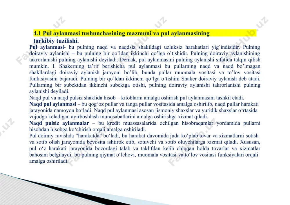 shuningdek bu mamlakatdagi umumiy pul massasini aylanish darajasini bildiradi ya’ni masalan, 1 dollarni necha marta tovar yoki xizmatlar sotib olish uchun ishlatilinish darajasidir. pul aylanishi tushunchasini yanada aniqroq tushunishimiz uchun 2 ta a va b shaharchalarni olamiz. a shaharcha maydoni kichikroq biroq aholi soni b shaharchanikidan ko’proq. shunga ko’ra, a sharchada bank strukturasi yaxshi rivojlangan, tadbirkorlik faoliyati ham yuqori darajada tashkil qilingan. a shaharchada bank muassasalari soni ko’p bo’lib, pulni istalgan shaklda ishlatish bu sharcha aholisi uchun muammo emas. natijada, bu shaharcha iqtisodiyotida pul aylanishi ko’rsatkichi yuqori bo’lib, bu uning iqtisodiyot ko’rsatkichlari yaxshi bo’lishiga ham olib kelgan. boshqa tomondan esa, b shaharcha maydon jihatdan a shaharchadan katta bo’lsa ham, aholi soni bo’yicha undan kichkina. bank faoliyati yaxshi rivojlanmagan hamda bank tashkilotlari soni yetarli emas. tadbirkorlik faoliyati ham o’z-o’zidan rivojlanishi past darajada bo’lib, bank orqali bo’ladigan hisob-kitob operatsiyalari yaxshi rivojlanmagan. natijada aholi qo’lidagi pul mablag’larini banklarga ishonib topshirish tushunchasiga ega emas …
