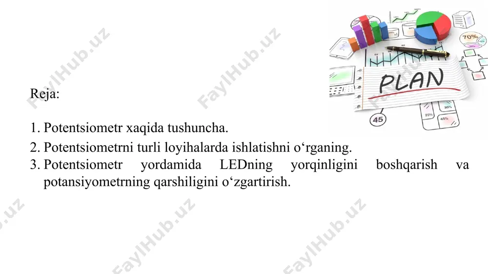 lik agar sizga qarshilikni o‘zgartirmoqchi bo‘lgan oddiy rezistor kerak bo‘lsa, sizga faqat ikkita pin kerak bo‘ladi: o‘rta va yon pinlardan biri. chapdagi rasmda ledni boshqarishning oddiy sxemasi ko‘rsatilgan. qo‘shimcha qarshilik, potansiyometr qarshiligini nolga o‘zgartirsangiz ham, ledni o‘chirishga yo‘l qo‘ymaslik uchun mo‘ljallangan. potansiyometr milini bir tomonga burang, qarshilik kuchayadi. uni boshqa tomonga burang, qarshilik kamayadi. analog pinlar va umuman adplar potentsiometrlar (aka o‘zgaruvchan qarshilik yoki reostat) bilan ishlashda tez -tez ishlatiladi. adpning 10 biti sizga dastur qiymatlarini 0 dan 1023 gacha (yoki ularning ko‘paytmalariga) o‘rnatish imkonini beradi, ya'ni dasturning borishiga ta'sir qilish, ba'zi sozlamalarni o‘zgartirish va h.k. potentsiometrning har doim uchta oyog‘i bor: ikkita ekstremal va bitta markaziy. birgalikda bu 0-vcc diapazonidagi kuchlanishni o‘zgartirishga imkon beradigan kuchlanish bo‘luvchi. potentsiometr arduino-ga shu tarzda ulanadi, o‘rta pin har qanday a-pinli, ekstremallari gnd va quvvatga ulanadi. qiymat o‘zgarishi yo‘nalishi gnd va quvvatni ulash tartibiga bog‘liq. qarshilik uchun, ushbu qo‘llanmada kuchlanish taqsimlagichlari haqidagi yozuvni o‘qing. …