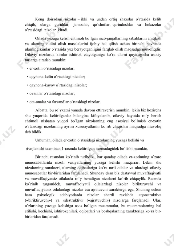 hkil topgan oila ham ikki, uch karra takrorlanmasdir. bir oila uchun meyorida bo`lgan shaxslararo munosabatlar tizimi, ikkinchi bir oilaga mutloqo mos kelmasligi, yoki biron bir oila uchun u qadar ahamiyatga ega bo`lmagan nizo va uning sababi boshqa oila a`zolarining o`zaro munosabatlarida jiddiy oqibatlar olib kelishi mumkin va hokazo. shunday ekan jamiki oilalarga xos bo`lgan nizolar va ularning sabablarini yagona bir o`lcham yoki xarakteristika bilan ko`rsatib berish masalasi ham mantiqqa to`g`ri kelmaydigan ishdir. lekin turli toifadagi oilalarni o`rganish, ular a`zolarining o`zaro munosabatlarini taqqoslash va shu kabilar asosida ayrim nisbiy xulosalarga, mulohazalarga kelish mumkinki, shu nisbiylikdan har bir odam o`zi uchun nisbatan «tegishli» xulosalar chiqarib olishi lozim bo`ladi. shuning uchun biz quyida oilaviy munosabatlar, oiladagi nizolar haqida fikr yuritar ekanmiz, ularning barcha oilalarga mutlaq tegishli bo`lishligini (ekanligini) da`vo qilolmaymiz. quyidagilar ham bizning nisbiy mulohazalarimizdir. odatda, nizolar tor doiradagi va keng doiradagi nizo turlariga bo’linadi. tor doiradagi nizolar - ikki shaxs o’rtasida kelib …