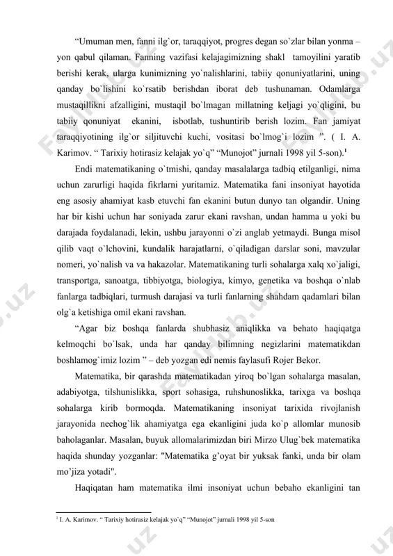 ki ijodi namunalarida o’z ifodasini topgandir. kurs ishining tuzilishi. mazkur kurs ishi kirish, 3 ta reja, xulosa va adabiyotlardan tarkib topgan. 1. halqa ta’rifi va uning xossalari aytaylik, biror bo’sh bo’lmagan k to’plam elementlari uchun ikkita algebraik amal aniqlangan bo’lsin, ya’ni tartiblangan (a, b) juftlikka yagona c element mos qo’yilgan bo’lib, c  r bo’lsin. bu algebraik amallarni biz qo’shish va ko’paytirish deb ataymiz. 1- ta’rif. qo’shish va ko’paytirish amallari aniqlangan k to’plam elementlari uchun quyidagi aksiomalar o’rinli bo’lsa, u holda k to’plam halqa deyiladi: 1. qo’shish qonunlari: a) a, b, c  k a  ( b  c )  ( a  b)  c (qo’shishning assotsiativligi); b) a, b  k a  b  b  a (qo’shishning kommutativligi); c) a,b  k , x  k a  x  b. 2. ko’paytirish qonunlari: a, b, c  k a  (b  c) …