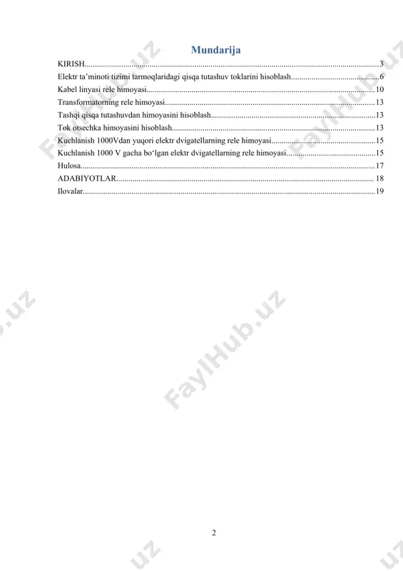 oti sistemasining o‘ziga xos xarakterli belgilari, ularda bo‘ladigan jarayonlarning katta tezlikda kechishi va avariya xarkteriga ega bo‘lgan shikastlanishlarning yuzaga kelishi mumkinligidir. shu sababli elektr ta’minoti sistemasining ishonchli va tejamli ishlashiga avtomatik boshqarish yo‘li bilangina erishish mumkin. buning uchun har xil avtomatik boshqarish qurilmalari ishlatiladi. ular orasida asosiy o‘rinladan birini avtomatik rele himoyasi qurilmalari egallaydi. rele himoyasi qurilmalari elektr qurilmalarda shikastlanish yoki anormal rejim yuzaga kelganda ishlaydi. eng xavfli va ko‘p sodir bo‘ladigan shikastlanish qisqa tutashuvdir. qisqa tutashuvlar elektr qurilmalarining fazalari orasida yoki neytrali еrga ulangan elektr tarmoqlarida faza bilan еr orasida bo‘lishi mumkin. bundan tashqari qisqa tutashuvlar va faza uzilishi bilan boliq bo‘lgan murakkab shikastlanishlar ham sodir bo‘lishi mumkin. elektr mashinalari va transformatorlarda yuqorida ko‘rsatilgan shikastlanishlardan tashqari bitta faza o‘ramlari orasida ham tutashuv yuzaga kelishi mumkin. qisqa tutashuv natijasida elektr ta’minoti tizimining normal ishlashi buziladi. jumladan sinxron generatorlar, kompensatorlar va elektr dvigatellarning sinxronizatsiyadan chiqishi va isteomolchilarning ishlash rejimlari buzilishi mumkin. …