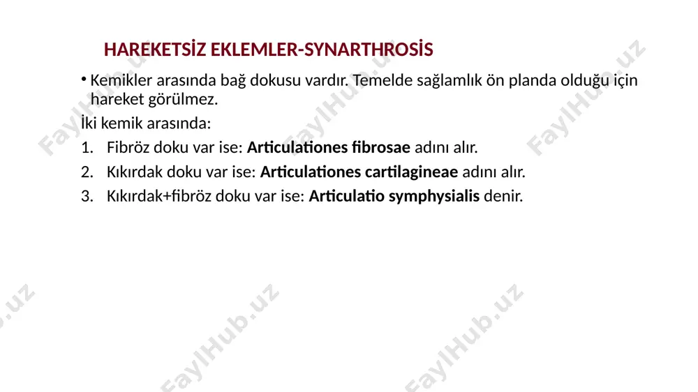 klem yüzleri arasında, fibrokartilaginöz yapı eklem yüzlerinin uyumunu kolaylaştırır tam olmayan yada yarımay şeklinde olan discuslar’a meniscus adı verilir. (diz eklemi) labrum articulare: fibröz kıkırdak yapısında halka şeklinde yapı eklem yüzlerinin kenarına tutunur. konkav eklem yüzünü derinleştirir ve temas alanını artırır. vücutta sadece iki eklemde vardır: articulatio humeri (labrum glenoidale) articulatio coxae (labrum acetabulare). eklemin damarları eklemler, eklem çevresindeki arteryel pleksustan (atar damar ağları) beslenir. venler (toplar damarlar) de arterlere(atar damarlara) eşlik eder. eklemin sinirleri eklemler, sinirden zengindir. eklem kapsülünün her iki tabakasında da sinir sonlanmaları vardır. eklemlere sinirler, eklemi hareket ettiren kasların ve bu kasların üzerindeki derinin sinirlerinden gelir. hilton kanunu; bir eklemin duyusunu taşıyan sinirler, eklemi hareket ettiren kasların ve bu kasların tutunma yerlerini örten derinin de duyusunu taşır. luxasyon (çıkık-dislokasyon): eklem yüzlerinin birbirinden uzaklaşarak normal pozisyonlarının bozulması durumudur. şiddetli ağrı ve hareket kısıtlaması ile kendini gösterir. image1.png image2.jpeg image3.jpg image4.png image5.png image6.png image7.png image8.jpeg image9.emf image10.jpeg image11.png …