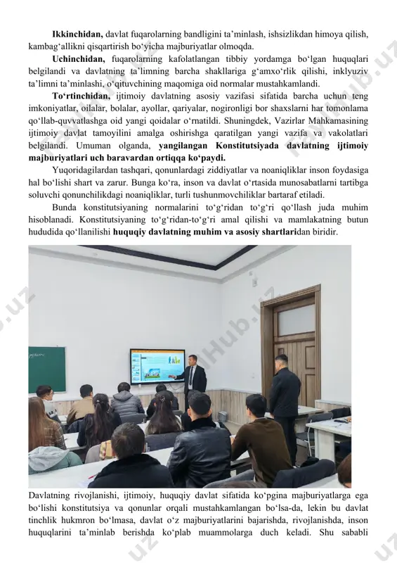 to‘g‘ridan-to‘g‘ri amal qilishi va mamlakatning butun hududida qo‘llanilishi huquqiy davlatning muhim va asosiy shartlaridan biridir. davlatning rivojlanishi, ijtimoiy, huquqiy davlat sifatida ko‘pgina majburiyatlarga ega bo‘lishi konstitutsiya va qonunlar orqali mustahkamlangan bo‘lsa-da, lekin bu davlat tinchlik hukmron bo‘lmasa, davlat o‘z majburiyatlarini bajarishda, rivojlanishda, inson huquqlarini ta’minlab berishda ko‘plab muammolarga duch keladi. shu sababli konstitutsiyada respubulika tashqi siyosatiga oid bo‘lgan bir qator muhim qoidalar belgilandi. “o‘zbekiston respublikasi davlatlar va xalqaro tashkilotlar bilan ikki va ko‘p tomonlama munosabatlarni har taraflama rivojlantirishga qaratilgan tinchliksevar tashqi siyosatni amalga oshiradi” degan qoidaning belgilanishi mamlakatimizning tinchliksevar, do‘stona tashqi siyosat olib boruvchi davlat ekanligini anglatadi. ma’lumot uchun o‘zbekiston dunyoning 131 ta davlati bilan diplomatik munosabatlar o‘rnatib, 38 ta davlatda 37 ta elchixonalar, 17 ta shaharda bosh konsulxonalar, bmt va boshqa xalqaro tashkilotlarda doimiy vakolatxonalarimiz faoliyat yuritmoqda. ii. inson huquq va erkinliklari hamda ularning kafolatiga oid o‘zgartirishlar inson huquq va erkinliklariga oid normalar 3 baravardan ortiqqa oshdi. qonunlardagi ziddiyatlar …