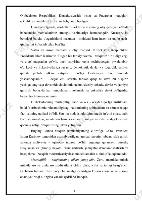 bо`lishga da`vo ham qilinmadi, chetdan tayyor demokratiya modelini ham kiritishga yо`l qо`yilmadi. mamlakatimiz xalqaro hamjamiyat oldida turgan dolzarb muammolarni hal etish ishiga qо`shgan salmoqli hissasi, tashabbuslari evaziga, xalqaro tashkilotlar va tuzilmalar faoliyatidagi samarali ishtiroki orqali о`ziga obrо` orttirmoqda. о`zbekiston – yuksak ma`naviyatni qadrlaydigan yurt. mustaqillik yillarida aholi ong va tafakkurini о`zgartirishnig zarurligini hisobga olish doimo ustuvor bо`lib keldi. yurtboshimizning: “ong va tafakkur о`zgarmasa, hayot о`zgarmaydi”, - degan g`oyasi amalda о`z isbotini topmoqda. yangicha hayotni eskicha ong va tafakkur. qarashlar bilan qurib bо`lmasligini anglab yetish odamlar dunyoqarashining о`zgarishiga olib keladi. ushbu modelning tamoyillari asosida mamlakatimizni isloh etish va modernizatsiya qilish bо`yicha har tomonlama va chuqur о`ylagan tadrijiy taraqqiyot dasturini izchil amalga oshirganimiz inqirozning, jahon bozoridagi keskin о`zgarish va beqarorlikning iqtisodiyotiimzga, moliya va bank tizimiga salbiy ta`sirini sezilarli darajada kamaytirish imkonini berdi. bugun dunyo iqtisodiyotidagi ahvolni tahlil qilar ekanmiz, jahon moliyaviy va iqtsodiy inqirozi hali beri nihoyasiga yetgani yо`q, deb aytishga barcha …