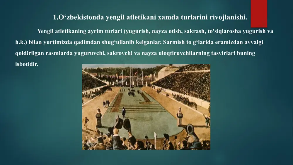 si tomonidan maydonlarda namoyish etiladigan sport chiqishlari hamda turli musobaqalarni tashkil etish, shuningdek, o‘quvchilar bilan o‘tkaziladigan jismoniy tarbiya mashg‘ulotlariga rahbarlik qilgan. sportning boshqa turlari qatorida yengil atletika bo‘yicha ham uyushgan mashg‘ulotlar tashkil etilgan. 1920-yilning oktabrida toshkentda i turkiston olimpiadasi o`kazilgan. uning dasturiga futbol, yengil atletika, shaxmat va sportning milliy turlari bo‘yicha musobaqalar kiritilgan. o‘tgan asrning 20—30-yillarida turkiston hududida malakali mutaxassislarga bo ‘lgan talab kuchli edi. shuning uchun ham 1921-yildan boshlab ,,turkfront“ ning umum ta’lim tizimida uch oylik kurslar ochilib, jismoniy tarbiya muallimlarini tayyorlash ishlari amalga oshirila boshlandi. 1926 yildan kasaba uyushmalari kengashi sa`noat korxonalarida ishlash uchun jismoniy tarbiya yo'riqchi (instruktor)larini tayyorlashga kirishdilar. yengil atletika bo‘yicha o'tkazilgan musobaqalarda farg‘ona shahri jamoasi dasturga kiritilgan 12 turning 8 tasida ikki marta birinchi o ‘rinni egallashgan (g. bernadskiy, d. dadoshevich, aka uka burmakinlar). 8x100 m.li estafetada ham farg‘ona jamoasi g‘alaba qozongan. jismoniy madaniyat va sportni yanada rivojlantirishga bo‘lgan talab 1921 -yilda ,,turkfront“ ning umum …