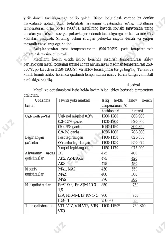 ov berish temperaturasi,0s boshlanishi tugashi uglerodli po‘lat uglerod miqdori 0.3% 1200-1280 860-900 0.3-0.5% gacha 1150-1200 820-860 05-0.9% gacha 1050-1150 800-850 0.9-2% gacha 1050-1000 780-800 legirlangan po‘latlar past legirlangan 1100-1150 825-850 o‘rtacha legirlangan 1100-1150 850-875 yuqori legirlangan 1150-1170 975-900 alyuminiy asosli qotishmalar d1 475 400 ak2, ak4, ak6 475 420 ak8 475 450 magniy qotishmalari ma1, ma2 430 350 maz 400 300 ma5 370 300 mis qotishmalari braj 9-4, br ajm 10-3 - 1,5 850 750 brajn10-4-4, br kn 1- 3 900 700 l 59- 1 750-800 600 titan qotishmalari vt1, vtz, vt4,vt5, vt6, vt8 1100-1150* 750-800 *qotishmalar markasi va bolg‘alash yoki shtamplash ishlov berishga turini qo‘llanilishiga bog‘liq holda temperatura aniqlashtiriladi. tezlik bilan zagotovkalarni qizdirishda oddiy holdagi qizdirishga nisbatan temperatura 200-3000s dan yuqorini tashkil etadi. alangali pechlarda zagotovkani qizdirish tezligi oddiy pechlarga nisbatan 3-4 marta ortiqni tashkil etadi. 4.5-jadval turli markadagi po‘latlar uchun bolg‘alashning temperatura oraliqlari po‘lat markalari metallning qizdirishning eng …