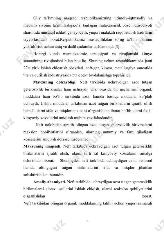rini aniqlash dolzarb hisoblanadi. mavzuning maqsadi. neft tarkibida uchraydigan azot tutgan geterosiklik birikmalarni ajratib olish, ularni turli xil kimyoviy xossalarini amalga oshirishdan,iborat. shuningdek neft tarkibida uchraydigan azot, kislorod hamda oltingugurt tutgan birikmalarini sifat va miqdor jihatdan solishtirishdan iboratdir. amaliy ahamiyati. neft tarkibida uchraydigan azot tutgan geterosiklik birikmalarni sintez usullarini ishlab chiqish, ularni reaksion qobilyatlarini o’rganishdan iborat. neft tarkibidan olingan organik moddalarning tahlili uchun yuqori samarali yupqa qavatli xromotografiya uslubini tadbiq qilish, ishning muqobil sharoitlarini topishdan iborat. ilmiy yangiligi. neft tarkibida uchraydigan organik moddalarni sintez qilish va ularni olishning muqobil sharoitlarini topish. tarkibida azot tutgan geterosiklik birikmalar jumladan; aromatik aminlar, benzpirol, bnzkarbazol sintezini amalga oshirish hamda ularni kimyoviy xossalarini o’rganish. tadqiqot predmeti. tadqiqotlar predmeti sifatida neft va ular tarkibida uchraydigan azot tutgan birikmalarni sintez qilib olish. olingan azot tutgan geterosiklik birikmalarning turli xil kimyoviy xossalari asosida olingan moddalar. . i. bob adabiyotlar sharhi 1. neft alkanlari, 2. neft sikloalkanlari, 3. neft …