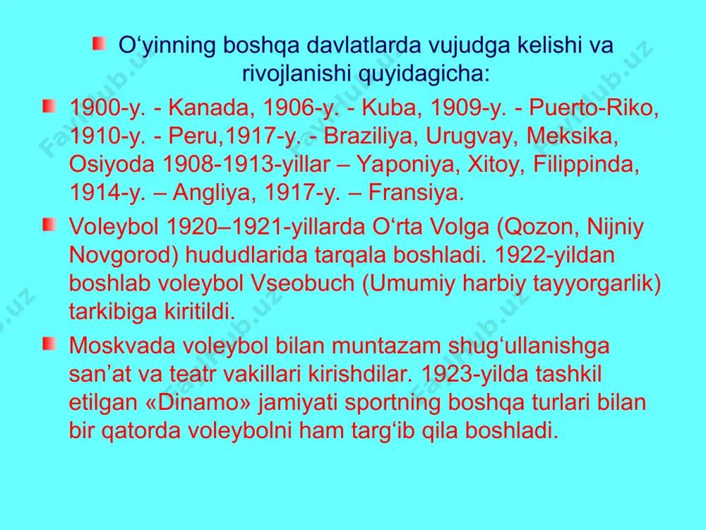 ilganligidan qat’iy nazar, ochko bilan tugallanadi. voleybol jamoali o‘yin turlariga mansub bo‘lib, o‘yinda ikki jamoaning har birida olti kishi bo‘lishi shart. zaxiradagi o‘yinchilar soni 2 tadan 6 tagacha bo‘lishi mumkin. o‘yinchilarning sport kiyimi futbolka, trusi va oyoq kiyim. o‘yinchilarning yoshi va jinsiga qarab to‘rning balandligi belgilanadi. o‘yin 3 yoki 5 partiyadan iborat bo‘lib, har bir partiya 25 ochkogacha davom etadi. agar ochkolar 25 : 25 bo‘lsa, o‘yin ikki ochko farq qilguncha davom etadi. partiyalarda o‘yin hisobi «taym-brek» asosida olib boriladi. ya’ni o‘yindagi har bir harakat natijasiga qarab to‘pni o‘yinga kiritish huquqi qaysi jamoada bo‘lishidan qat’iy nazar, jamoaga mag‘lubiyat yoki g‘alaba keltirishi mumkin. o‘yin jarayonida texnik malakalarni bajarishdagi xatolar: to‘pni o‘yinga kiritishda: agar to‘p irg‘itilmasdan to‘g‘ridan – to‘g‘ri «qo‘ldan» urilsa; to‘pni o‘yinga kiritishda belgilangan chegara chiziqlarini bosish, to‘p irg‘itilsa-yu, lekin urilmasdan tanaga tegsa va hakozo; to‘pni uzatishda: to‘p kaftga tegsa – ilib otilsa, ikki qo‘l ketma – ket to‘pga yoki ham …