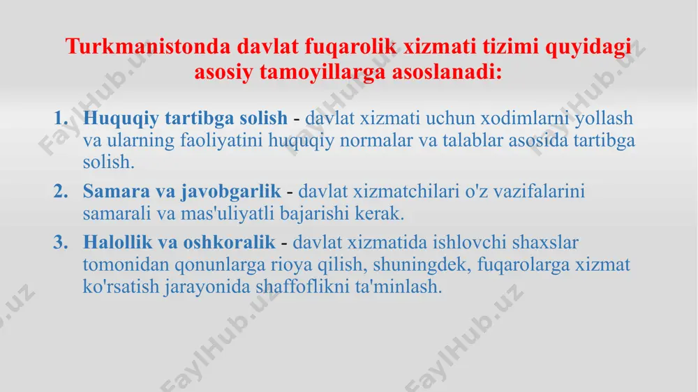 arining huquqlari va majburiyatlari tanlov va qabul qilish tartibi intizomiy qoidalar va jazolar malaka oshirish va o'qitish foydalanilgan adabiyotlar https://www.mfa.gov.tm/en/articles/2 https://globaledge.msu.edu/countries/turkmenistan/government https://2009-2017.state.gov/documents/organization/186691.pdf /docprops/thumbnail.jpeg