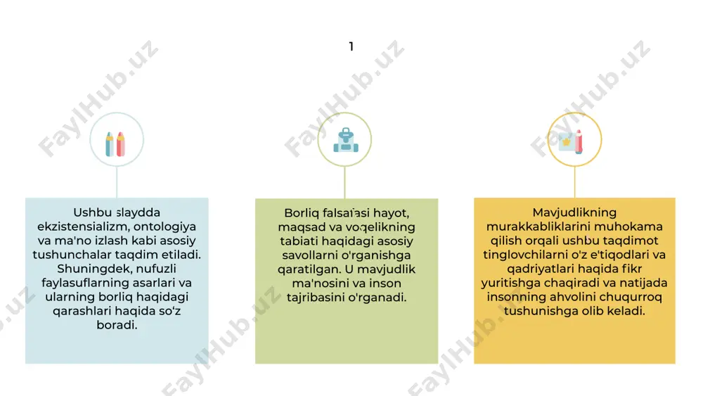 em all 1 2 3 5 borliq falsafasi biz nima uchun bu yerdamiz va bu dunyoda maqsadimiz nima degan asosiy savollar atrofida aylanadi. u hayotning ma'nosini va o'zini o'zi anglash tushunchasini o'rganishga kirishadi. bu odamlarni o'zlarining mavjudligi haqida o'ylashga va ularning e'tiqodlari va qadriyatlari haqida fikr yuritishga undaydi. borliqning nozik jihatlari haqida fikr yuritish orqali ularning koinotdagi o‘rnini chuqurroq anglash mumkin. oxir oqibat, borliq falsafasi odamlarni o'zlarining noyob sayohatlarini qabul qilishga va er yuzidagi vaqtlaridan unumli foydalanishga undaydi, bu esa qoniqish va ma'rifat tuyg'usini uyg'otadi. 6 borliq falsafasi hayotning mazmuni va maqsadini o‘rganadi, voqelikning mohiyati haqida savollar qo‘yadi. u insoniyat, ong va koinot o'rtasidagi munosabatlarni o'rganadi va bu ulkan mavjudotdagi o'rnimizni tushunishga intiladi. ekzistensialist mutafakkirlar shaxsiy erkinlik va mas'uliyatni ta'kidlab, shaxsiy tanlov va harakatlarning muhimligini ta'kidlaydilar. ular mavjudlik mohiyatdan oldin ekanligini ta'kidlab, odamlarni hayotda o'z mazmunini yaratishga undaydilar. ushbu falsafiy nuqtai nazar odamlarni o'lim haqiqatiga qarshi turishga va haqiqiy yashashning …