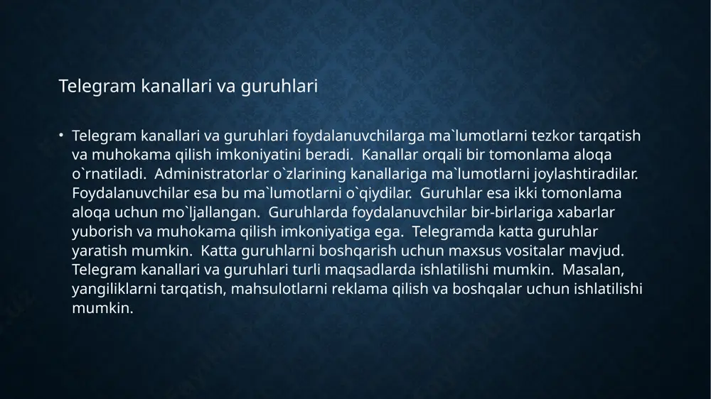 ning ehtiyojlarini qondirishga harakat qiladi. telegramning rivojlanishiga investitsiyalar ham ta`sir qiladi. telegramning kelajakdagi rivojlanish istiqbollari telegramni o`rganish uchun turli xil manbalardan foydalanish mumkin. telegramning rasmiy veb-saytidan foydalanish mumkin. telegramning yordam xizmatidan foydalanish mumkin. telegram haqidagi maqolalarni o`qish mumkin. telegram haqidagi videolarni ko`rish mumkin. telegram bo`yicha mashg`ulotlarga qatnashish mumkin. telegramni o`rganish uchun sabr-toqat va qat`iyatlilik kerak. telegramni o`rganish orqali foydalanuvchi ko`p imkoniyatlarga ega bo`ladi. telegramni o`rganish foydali va qiziqarli jarayon hisoblanadi. telegramni o`rganish bo`yicha tavsiyalar 1. telegram rasmiy veb-sayti telegram.org 2. telegram foydalanuvchi qo`llanmasi 3. telegram haqida maqolalar to`plami 4. telegram bo`yicha video darslar 5. telegram api hujjatlari 6. telegram blogi adabiyotlar /docprops/thumbnail.jpeg