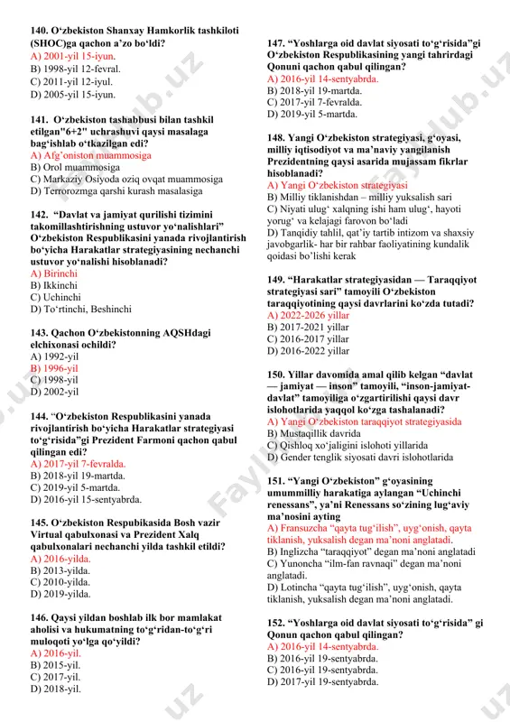 lan islom sivilizatsiyasi markazi qaysi shaharda tashkil etildi? a) toshkent b) buxoro c) termiz d) samarqand 135. o‘zbekiston respubikasida bosh vazir virtual qabulxonasi va prezident xalq qabulxonalari nechanchi yilda tashkil etildi? a) 2016-yilda. b) 2010-yilda. c) 2019-yilda. d) 2013-yilda. 136. o‘zbekiston respublikasining prezidenti shavkat mirziyoyev asarlarining birinchi jildi qanday nomlanadi? a) “miliy taraqqiyot yo‘limizni qat’iyat bilan davom ettirib, yangi bosqichga ko‘taramiz” b) “qonun ustuvorligi va inson manfaatlarini ta’minlash – yurt taraqqiyoti va xalq farovonligining garovi” c) “xalqimizning roziligi bizning faoliyatimizga berilgan eng oliy bahodir” d) “demokratik islohotlarni chuqurlashtirish, barqaror rivojlanishni ta’minlash – xalqimiz uchun munosib hayot darajasini yaratish kafolatidir” 137. qachon o‘zbekiston aqshning diniy erkinlik bo‘yicha “maxsus kuzatuvdagi davlatlar ro‘yxati”dan (special watch list) chiqarildi? a) 2020-yil. b) 2017-yil. c) 2018 -yil. d) 2016-yil. 138. o‘zbekiston respubikasi prezidenti sh.m.mirziyoyev qachon bmt bosh assambleyasining 75-sessiyasida qachon o‘zbek tilida nutq so‘zlagan edi? a) 2020-yil 23-sentyabrda. b) 2016-yil 15-sentyabrda. c) 2015-yil 7-fevralda. d) 2019-yil …