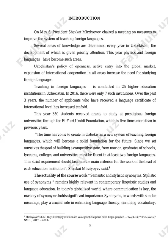 the study of synonyms and their importance in language remains pertinent, offering valuable insights into language acquisition, communication strategies, and linguistic diversity in today's multifaceted world. the aim of the course work on " semantic and stylistic synonyms. stylistic use of synonyms " is to explore the significance of synonyms in language usage and communication. it seeks to examine the role of synonyms in enriching vocabulary, promoting clarity and precision in expression, and facilitating effective communication across various contexts. additionally, the coursework aims to analyze the impact of synonyms on language learning, linguistic diversity, and cultural understanding. ultimately, it aims to provide insights into the practical applications of synonyms in language education, professional communication, and creative expression. the object of the course work on " semantic and stylistic synonyms. stylistic use of synonyms " is to investigate the nature and significance of synonyms in linguistic communication. it aims to analyze …