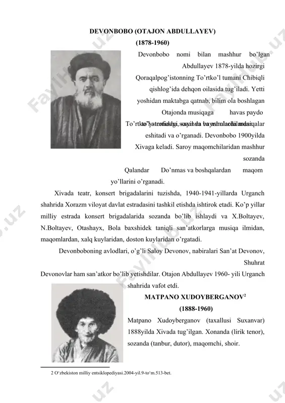 g rahbarligi va nazorati ostida 1949 1952- yillarda san’atshunoslik institutida xorazm maqomlarining ashula yo’llari (h.boltayevdan buzruk, k.otaniyozov, k.ismoilovlardan rost, navo, dugoh, segoh) magnit lentasiga yozib olingan. shogirdi m.yusupov matpano xudoyberganovdan o’rgangan xorazm maqomlarini to’la notaga olgan va nashr ettirgan («uzbek xalq musiqasi», 6-j., 1958; «xorazm maqomlari», 1-3- j., 1980 1987). matpano xudoyberganovning yozgan g’azallari nasrulloyi, nasri rost kabi maqom va an’anaviy suvora turkumidagi kuylarda aytiladi. matpano xudoyberganov 1960- yilda urganchda vafot etgan. jumaniyoz xayitboyev (1890-1968) xorazm musiqa madaniyatining keksa san’atkorlaridan biri, xorazm maqomlarining taronalari, uforlari, ikkinchi aytim yo’llaridagi suvoralar, savtlar, savti uforilar va mustahzodlarning mohir ijrochisi, dutorchi, garmonchi, doyrachi jumaniyoz haitboyev 1890 yilda urganch shahrida zargar oilasida dunyoga keldi. u maktabga qatnab zargarlikdan ko’ra musiqaga qiziqadi. u otasidan yashirin bir eski dutorni sotib olib, chalib yuradi. tez orada uning qo’li dutorga o’rganib, navo maqomining saqili, uforisi ―aliqambar kuylarini dutorda juda chiroyli chaladigan bo’ladi. keyin-keyin u dutor bilan ashulalar ham ayta …