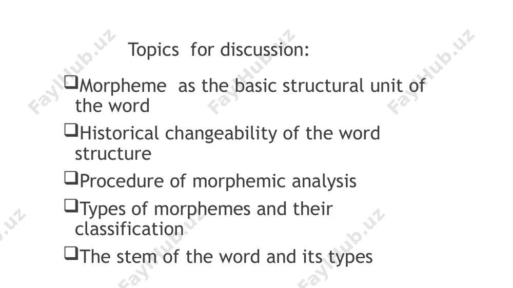 stituents. this method is based on the binary principle, i.e. each stage of the procedure involves two components the word immediately breaks into. immediate constituents breaking a word into its immediate constituents we observe in each cut the structural order of the constituents. a diagram presenting the three cuts described looks as follows: 1. un- / gentlemanly 2. un- / gentleman / - ly 3. un- / gentle / - man / - ly ultimate constituents a similar analysis on the word-formation level showing not only the morphemic constituents of the word but also the structural pattern on which it is built. the analysis of word-structure at the morphemic level must proceed to the stage of ultimate constituents. for example, the noun “friendliness” is first segmented into the ics: friend recurring in the adjectives friendly-looking and friendly and -ness found in a countless number of nouns, such as unhappiness, blackness, …