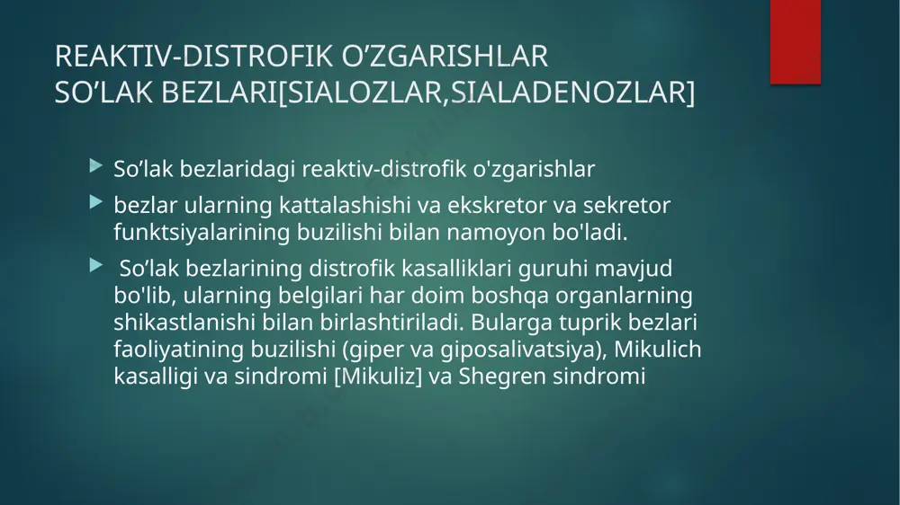 ajralishi kamayadi: hipotiroidizm, patologik gipogonadizm, fiziologik menopauza, avitaminoz, anemiya, asab tizimining kasalliklari[serebroskleroz] if. romacheva va v.v.afanasev kam so'laklikning uch davrini ajratishadi: boshlangich, klinik rivojlangan va o tayozgan bu davrlar kam so laklini ng birinchi, ikkinchi va uchinchi darajasiga to g'ri keladi. kserostomiyaning dastlabki bosqichida ba'zi bemorlar quruqlikdan shikoyat qilmasdan, tilda, og'iz shilliq qavatida og'riq yoki noqulaylikdan shikoyat qiladilar; boshqalar vaqti-vaqti bilan namoyon bo'ladigan og'iz bo'shlig'i shilliq qavatining quruqligi hissi uchun, ayniqsa gaplashayotganda. ob'ektiv ravishda og'izda oz miqdorda so'lak topiladi, shilliq qavat o'rtacha nam va normal pushti rangga ega; massaj qilinganda, normal yoki o'rtacha miqdorda so’lak bezlarining kanallaridan aniq sekretsiya chiqariladi. . so lak bezi faoliyatini kuchaytirish maqsadida pilokarpin og'izga olinsa chigarilayotgan so lak kamligi va u me yorning pastki chegarasida ekanligini aniqlash mumkin, sitologik tekshiruvlar bilan so lak surtmasida keragidan ko p yassi va silindrik epiteliyni aniglash mumkin. 2-bosqichi kserostozning klinik jihatdan aniq bosqichida, bemorlarning ko'pchiligi doimo quruq og'iz bilan …