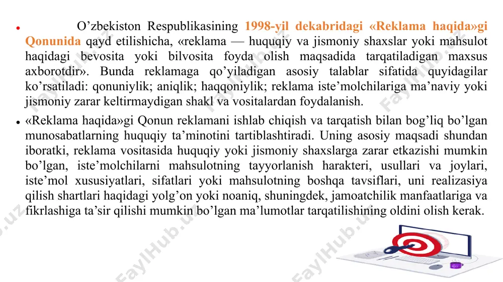 ning yangi modellarini namoyish qilish va shu kabilar); d) kino- televizion va diapozitiv reklamasi; e) ovozli reklama. korxonalar amaliyotida reklama hajmiga ta’sir etish uchun axborot tashuvchilardan iborat bo’lgan xilma-xil reklama vositalari qo’llaniladi. reklama vositalari quyidagi ko’rsatkichlarga ko’ra tavsiflanadi: maqsadi, ularni qo’llash joyi va texnika vositalarini qo’llash xususiyati. maqsadiga qarab reklama vositalari xaridorlarning butun to’plamiga yoki aholining muayyan guruhlariga (erkaklar, ayollar, bolalar, o’smirlar, uy xo’jaligini yurituvchi shaxslar, sportchilar, turistlar, maktab bolalari, dehqon xo’jaliklari va hokazo) mo’ljallanishi mumkin. qo’llash joyiga qarab reklama vositalari ikki turga bo’linadi: ichki va tashqi. birinchi holda reklama vositalari korxonaning o’zida qo’llanadi, ikkinchisida — korxonadan tashqarida qo’llanadi. qo’llanayotgan texnika vositalariga qarab reklama quyidagi turlarga ajraladi: vitrina-ko’rgazmali, matbuotdagi reklama, bosma reklama, audio-vizual, radio — va telereklama va hokazo. vitrina—ko’rgazmali reklamaga chakana savdo korxonalaridagi oyna va do’kon ichidagi vitrinalar, ulgurji bazalar, yarmarka, birjalardagi vitrinalar va tovar ko’rgazmalari kiradi. matbuotdagi reklama — bu ochiq va davriy matbuotda nashr etilgan reklama e’lonlari …