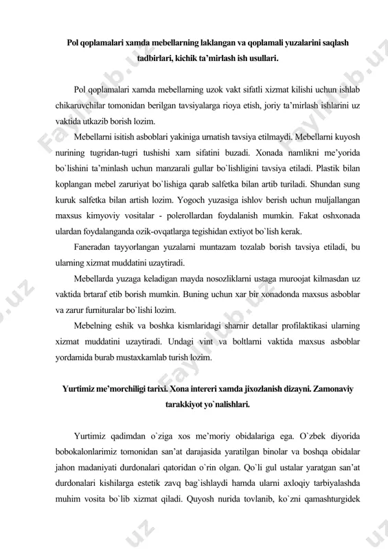 ega. o`zbek diyorida bobokalonlarimiz tomonidan san’at darajasida yaratilgan binolar va boshqa obidalar jahon madaniyati durdonalari qatoridan o`rin olgan. qo`li gul ustalar yaratgan san’at durdonalari kishilarga estetik zavq bag`ishlaydi hamda ularni axloqiy tarbiyalashda muhim vosita bo`lib xizmat qiladi. quyosh nurida tovlanib, ko`zni qamashturgidek jilva berib turgan xilma-xil rangli koshinlar go`zallik va joziba kashf etadi. shiklarga o`yilgan turli naqshlar, darchalar tepasidagi ganch yoki marmardan o`yib ishlangan panjaralar, devorlarning pastki qismiga o`rnatilgan mamar toshlarning o`ymakor naqshlari va ko`kka bo`y cho`zgan minoralarning qomati, ularga mutanosib ishlangan gullar bir vaqtlar sharqda madaniyat juda yuksak darjada bo`lganligadan dalolat beradi. yodgorlardagiquyosh nurida tovlvnvyotgan sarkor koshinlar, nafis naqshu nigoralar beixtiyor kishilarni o`ziga maftun etadi. bu naqshu nigoralar bir necha asrlar ilgari yaratilgan bo`lsa ham hozirgacha o`z nafosatini, nafisligini, ko`rkini yo`qotmagan. yuksak did bilan ishlangan bezaklar bizni hozirgacha hayratga solib kelmoqda. hatto horijiy mamlakatlardan kelgan sayohatchilar ham mamlakatimizdagi qadimiy binolarni, ularga ishlangan naqshu nigoralarni ko`rib lol qolmoqdalar, o`zlarining iliq …