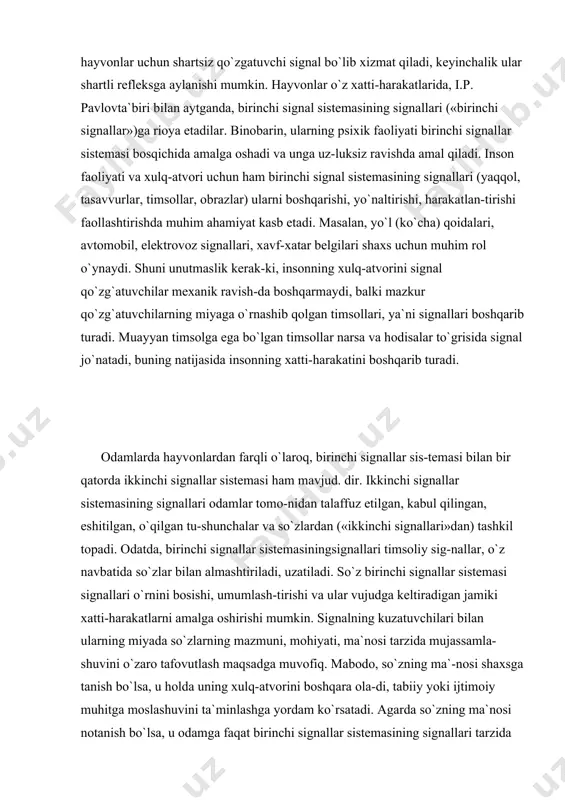 ar va so`zlardan («ikkinchi signallari»dan) tashkil topadi. odatda, birinchi signallar sistemasiningsignallari timsoliy sig-nallar, o`z navbatida so`zlar bilan almashtiriladi, uzatiladi. so`z birinchi signallar sistemasi signallari o`rnini bosishi, umumlash-tirishi va ular vujudga keltiradigan jamiki xatti-harakatlarni amalga oshirishi mumkin. signalning kuzatuvchilari bilan ularning miyada so`zlarning mazmuni, mohiyati, ma`nosi tarzida mujassamla-shuvini o`zaro tafovutlash maqsadga muvofiq. mabodo, so`zning ma`-nosi shaxsga tanish bo`lsa, u holda uning xulq-atvorini boshqara ola-di, tabiiy yoki ijtimoiy muhitga moslashuvini ta`minlashga yordam ko`rsatadi. agarda so`zning ma`nosi notanish bo`lsa, u odamga faqat birinchi signallar sistemasining signallari tarzida ta`sir o`tka-zadi yoinki shaxs uchun mutlaqo qiymatsiz, ahamiyatsiz narsaga ayla-nib qoladi. yuqoridagi mulohazalardan kelib chiqqan holda psixika obyektiv borliqning subyektiv obrazining voqelik tarzida miyada aks etishi deb baholash mumkin. psixikani aks ettirish imkoniyatini to`g`ri, oqilonatalqin qilish uchun bilish nazariyasi, bilish manbalari, shakllari, uslublari, haqiqatni o`lchash mezonlari, vositalari, yo`llari kabilarga ilmiy yondashish lozim. psixikani o`rganishda obyekt bilan subyektning ham-korlikdagi xatti-harakatini hisobga olish shaxsning borliq to`g`ri-sidagi bilimlarining chinligi …