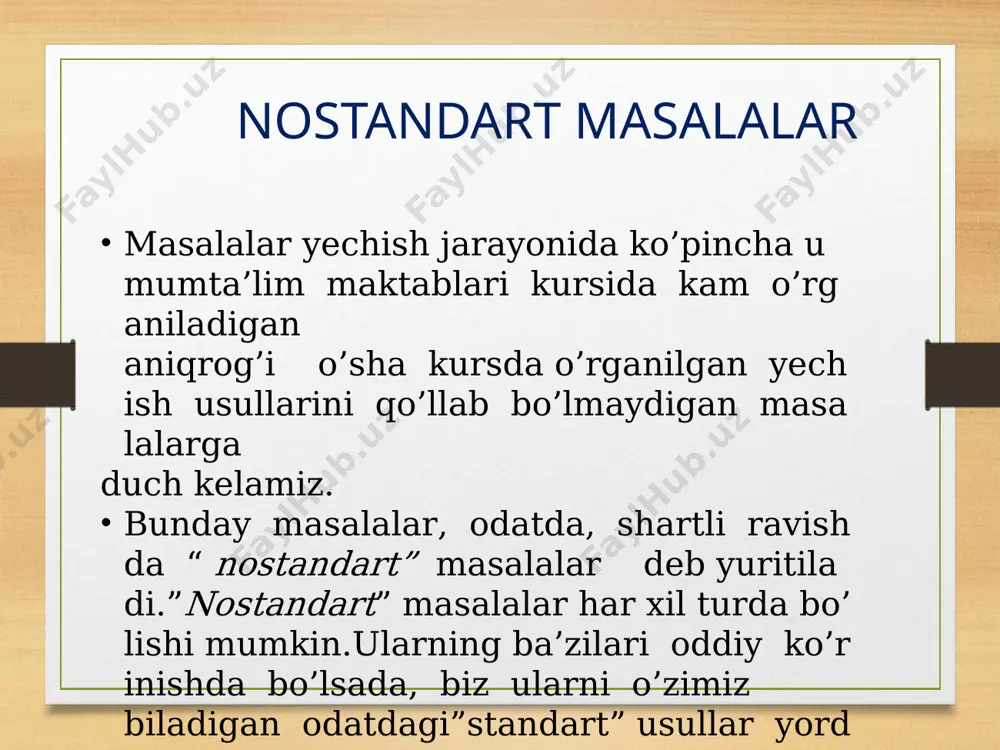 ita boshqa o`rtog`iga ularda nechta olma bo`lsa, shuncha olma berdi. so`ngra ikkinchi bola ikkita boshqa o`rtog`iga ularda nechta olma bo`lsa, shuncha olma berdi. o`z navbatida uchinchi bola, ikkita boshqa o`rtog`iga ularda nechta olma bo`lsa, shuncha olma berdi. shundan so`ng bolalarning har birida 8 tadan olma bo`ldi. dastlab bolalarning har birida nechtadan olma bo`gan? yechish. masalani “oxiridan boshlab” usulini qo`llab yechamiz. uchinchi bola birinchi va ikkinchi bolaga ularda nechta olma bo`lsa, shuncha olma berganidan so`ng bolalarning har birida 8 tadan olma bo`lgan. demak, birinchi va ikkinchi bolada bu vaqtga qadar 4 tadan olma bo`lib, ular uchinchi boladan 4 tadan olma olishgan. uchinchi bolada esa bu vaqtda 8+4+4=16 olma bo`lgan. (1-jadval, 3- qadam). ikkinchi bola birinchi va uchinchi bolaga ularda nechta olma bo`lsa, shuncha olma bergandan so`ng birinchi bolada 4 ta olma hosil bo`lib, uchinchi bolada 16 ta olma hosil bo`lgan. ular ikkinchi boladan mos ravishda 2 ta va 8 ta olma …