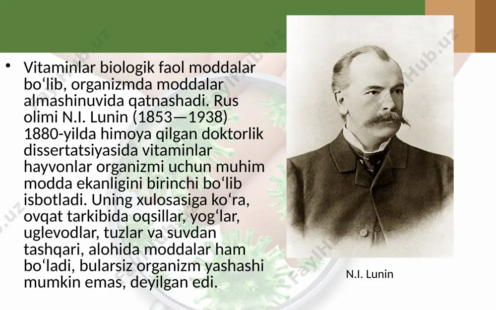 ‘da, tuxum sarig‘ida, jigarda, sabzi, qizil qalampir, o‘rik tarkibida ko‘p bo‘ladi. b guruh vitaminlarga b1 (tiamin), b2 (riboflavin), b6, b12, b15 va boshqalar kiradi. b1vitamini (tiamin) markaziy nerv sistemasida qo‘zg‘alish va tormozlanish jarayonlari normal o‘tishida, odamning aqliy faoliyati yaxshi bo‘lishida muhim o‘rin tutadi. agar u kundalik ovqat tarkibida yetarli miqdorda bo‘lmasa, odamda gipovitaminoz b1 kasalligi yuzaga keladi. buning belgilari oyoq-qo‘l muskullarining uvushib og‘rishi, holsizlik, tez charchash, odamning aqliy faoliyati pasayishi, ya’ni o‘zlashtirish, esda saqlash, e’tiborni muhim masalaga jalb etish kabi qobiliyatlarning pasayishidir. u arzimagan narsaga jahli chiqadigan bo‘lib qoladi. bu vitamin uzoq muddat davomida yetishmasa, avitaminoz b1, ya’ni beri-beri, degan kasallik yuzaga keladi. bunda nerv sistemasidagi o‘zgarish oqibatida nerv tolalari falajlanadi, terida sezuvchanlik oldiniga kuchayadi, so‘ngra yo‘qoladi, qo‘l-oyoq muskullarining harakati kuchsizlanadi. odam oyog‘ini yaxshi ko‘tara olmaydi va u qadamini kalta-kalta, xuddi oyog‘iga kishan solingan odamga o‘xshab bosadi. bu vitamin guruch po‘stlog‘ida, bug‘doy non, loviya, no‘xat, tuxum sarig‘i, yong‘oq, mol jigari …