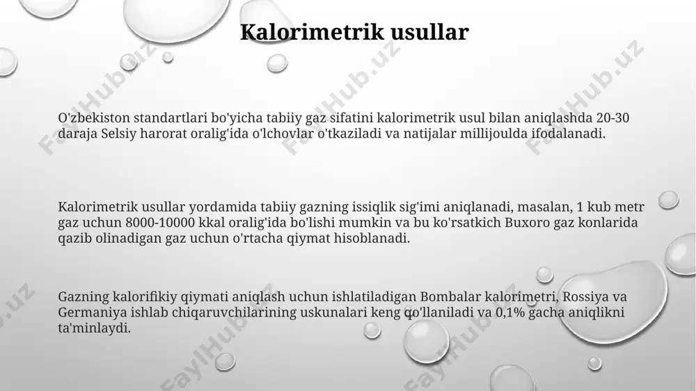 miqdorini aniqlashda ishlatiladi, bu esa gaz sifatini baholashda muhim ahamiyatga ega boʻlib, masalan, rossiyadan olingan gaz namunalarida 90% dan ortiq metan boʻlishi mumkin. gazdagi oltingugurtli birikmalar miqdorini aniqlash uchun gaz xromatografiyasi qoʻllaniladi, bu esa 1 ppm dan kam boʻlgan konsentratsiyalarni aniqlash imkonini beradi va bu koʻrsatkich yevropa standartlari boʻyicha muhim hisoblanadi. turli xil xromatografik usullar, jumladan gaz-suyuqlik xromatografiyasi (glc) va yuqori samarali suyuqlik xromatografiyasi (hplc), tabiiy gazning tarkibini batafsil tahlil qilish uchun oʻzbekistondagi gaz qayta ishlash zavodlarida qoʻllaniladi. azot miqdorini aniqlash azot miqdorining yuqori bo'lishi (masalan, 10% dan yuqori) gazning yonuvchanligini pasaytiradi va bu esa, masalan, samarqanddagi issiqlik elektr stansiyalarining samaradorligiga salbiy ta'sir qilishi mumkin. gaz tarkibidagi azot miqdorini aniqlash uchun gaz xromatografiyasi usuli qo'llaniladi, bu usul yordamida 0,01% gacha aniqlikda natijalar olinadi, masalan, surxondaryo viloyatidagi gazni tahlil qilishda. o'zbekistonning gaz konlarida azot miqdori odatda 1-5% oralig'ida bo'lib, bu miqdor gazni qayta ishlash zavodlarida maxsus analizlar orqali aniqlanadi. sifat nazorati …