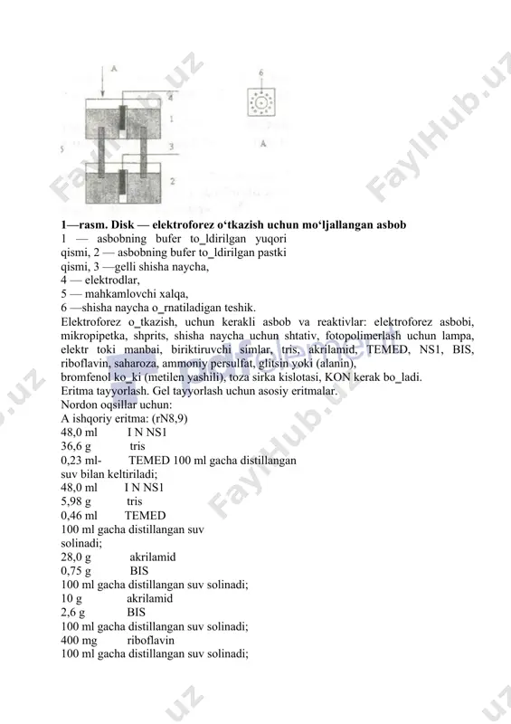 riboflavin, saharoza, ammoniy persulfat, glitsin yoki (alanin), bromfenol ko‗ki (metilen yashili), toza sirka kislotasi, kon kerak bo‗ladi. eritma tayyorlash. gel tayyorlash uchun asosiy eritmalar. nordon oqsillar uchun: a ishqoriy eritma: (rn8,9) 48,0 ml i n ns1 36,6 g tris 0,23 ml- temed 100 ml gacha distillangan suv bilan keltiriladi; 48,0 ml i n ns1 5,98 g tris 0,46 ml temed 100 ml gacha distillangan suv solinadi; 28,0 g akrilamid 0,75 g bis 100 ml gacha distillangan suv solinadi; 10 g akrilamid 2,6 g bis 100 ml gacha distillangan suv solinadi; 400 mg riboflavin 100 ml gacha distillangan suv solinadi; 40 g saharoza 100 ml gacha distillangan suv solinadi; 0,14 g ammoniy persulfat 100 ml gacha distillangan suv solinadi; 6,0 g tris 28,8g glitsin 1000,0 ml gacha distillangan suv solinadi. ishlatishdan avval 10 marta suyultirilishi lozim! indikator — bo‗yovchi eritma; 0,001 g bromfenol ko‗ki 100 ml gacha distillangan suv solinadi. fiksirlovchi …