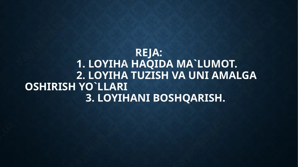 ihaning umri 4 bosqichga bo'linadi. ular: boshlanish; rejalashtirish; ijro etish; yakunlash. yana bir muhim bosqich bu monitoring va nazorat qilish boshqichi bo'lib, lekin u har bir yuqoridagi boshqichlarda ro'y beradi; shuning uchun uni doim ham alohida boshqichga ajratmaydilar. boshi ------------------------------------------------------------------------------------------------> yakuni boshlanish davrida loyihaning maqsad va vazifalari, shuningdek ma’suliyatlar aniqlanadi. loyiha nizomi, uning umumiy qiymati va mandaatdor tomonlar aniqlanadi. bino uchun loyiha g’oya reja mablag’ chizma sifat kunlardan bir kuni bir kishi uyg’onsa tashqari shovqin bo’lib, odamlar hammasi bir tomonga yugurib qochayotgan emish. u kishi ham qo’shilib yugurayotib, oldidagi odamdan so’rabdi.”o’zi nega yugurayapmiz?”.oldidagi inson bilmadimu orqadagilar yugur , qoch deyaptida deb javob beribdi. asta sekinlashib orqadagilardan so’rabdi. ular esa oldidagilar yugurgani uchun deya javob berishibdi. endi o’ylab qoldim, olomonga qo’shilib universitetga kiryapmiz, madaniyatimizni o’zgartiryapmiz, so’zlashuv nutqimizni va kim o’zarga turli xil ishlar qilyapmiz. bularning barchasi yuqoridagilar singari mantiqsizlik emasmikan??? e’tiboringiz uchun rahmat! /docprops/thumbnail.jpeg