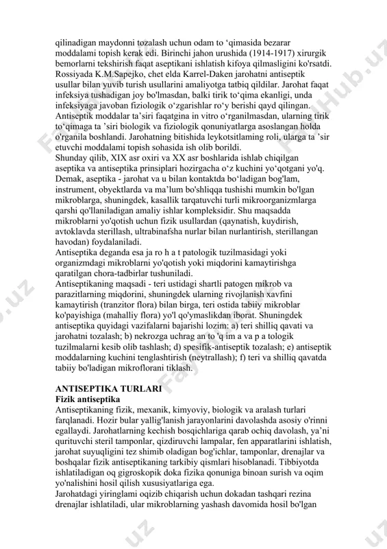 llarni nemis xirurglari trendelenburg (1882), bergman va shimmelbush, esmarx va noyberg rivojlantirdilar. shunday qilib, xirurgiyaning rivojlanish tarixi ikki davrni o'z ichiga oladi. ming yillargacha davom etgan antiseptikagacha bo‘lgan davr va bir asrdan ko'proq bo'lgan antiseptika davri. keyingi davr ichida xirurgiya jadal sur’atlar bilan rivojlandi. lister antiseptik usulining salbiy tomonlari ham ma’lum bo'lib qoldi. bakteriyalarni yo'qotish maqsadida qo'llaniladigan 2,5-5 foizli karbol kislota eritmalari tirik to'qimaga ham salbiy ta ’sir qilib, uning o'limiga sabab bo'lishi, ko'p miqdorda ishlatiladigan 5 foiz karbol kislota eritmasi bemor bilan birga jarrohlarga ham salbiy ta ’sir ko'rsatishi mumkin. operatsiyadan keyin vafot etgan bemorlarning buyragi karbol kislota ta ’sirida ishdan chiqqanligi va zaharlanib qolganligi ma’lum bo'ldi. jarrohlarning qo'li karbol kislota bilan yuvish natijasida ekzema, kuyish, yallig'lanishga uchrar edi. xonada fenol bug'lari ko'pligi tibbiyot xodimlarida ham nafas olish yo'llarini kasallantirar edi. shu bilan birga karbol kislota bog'lam ostidagi bakteriyalarning hammasini ham yo'qota olmaganligi aniqlandi. shuning uchun jarrohlar uning 1:1000, …