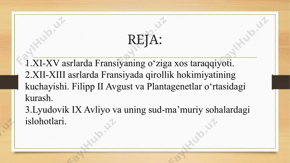 plantagenetlardan tortib oldi. filipp ii davrida qirol domeniga kо‘plab yerlar qо‘shib olinishi munosabati bilan muhim ma’muriy islohot о‘tkazildi. qirollikka qarashli yerlar balyaj deb ataluvchi okruglarga bо‘linib, ularga qirollik gubernatorlari-balyalar boshliq qilib qо‘yildi. balyalar vakolatiga sud, soliqlar yig‘ish, lashkarlar tо‘plash edi.ular vaqt-vaqti bilan qirolga yozma hisobot berib turardilar. filipp ii davrida jami bо‘lib 20ta balyaj tashkil qilingan edi. u sud, ma’muriy va moliya sohasida islohot о‘tkazdi. lyudovik ix davrida fransiyani idora qiluvchi markaziy boshqarma tashkil topdi, u qirollik kengashi deb atalardi. u doimiy ishlaydigan qirollik tekshiruvchilar (amaldorligini) joriy etdi, bu revizorlar joylarga borib, qirol amaldorlarini tekshirib, yо‘l qо‘yilgan kamchiliklar tо‘g‘risida kengashga axborot berib turardilar. u sud islohoti natijasida yangi tartiblar joriy qildi; 1) feodal sudi hukmi ustidan qirol sudiga arz qilishi mumkin. 2) odam о‘ldirganlik, talonchilik, birovning mulkiga о‘t qо‘yish, soxta pul ishlab chiqarish bilan bog‘liq jazolar qirol sudida kо‘rib chiqiladigan bо‘ldi. 3) feodallar о‘rtasidagi о‘zaro urushlar ta’qiqlandi. “qirolning qirq kuni” …