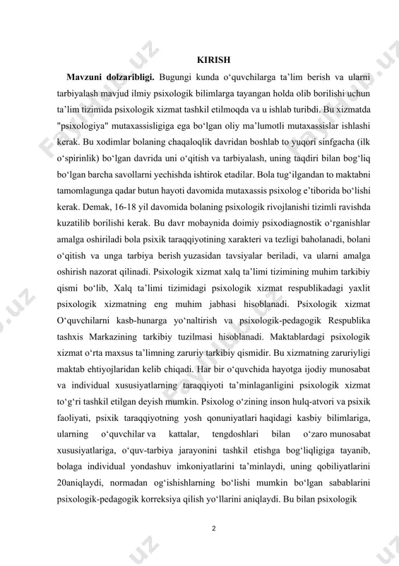 ning zaruriy tarkibiy qismidir. bu xizmatning zaruriyligi maktab ehtiyojlaridan kelib chiqadi. har bir o‘quvchida hayotga ijodiy munosabat va individual xususiyatlarning taraqqiyoti ta’minlaganligini psixologik xizmat to‘g‘ri tashkil etilgan deyish mumkin. psixolog o‘zining inson hulq-atvori va psixik faoliyati, psixik taraqqiyotning yosh qonuniyatlari haqidagi kasbiy bilimlariga, ularning o‘quvchilar va kattalar, tengdoshlari bilan o‘zaro munosabat xususiyatlariga, o‘quv-tarbiya jarayonini tashkil etishga bog‘liqligiga tayanib, bolaga individual yondashuv imkoniyatlarini ta’minlaydi, uning qobiliyatlarini 20aniqlaydi, normadan og‘ishishlarning bo‘lishi mumkin bo‘lgan sabablarini psixologik-pedagogik korreksiya qilish yo‘llarini aniqlaydi. bu bilan psixologik 1.1ta’lim sohasida psixolog faoliyatining huquqiy asoslari ta’lim sohasida psixolog faoliyatining huquqiy asoslari. psixologik xizmat haqida nizom, amaliyotchi psixolog, ijtimoiy rol, psixoprofilaktika, psixodiagnostika, psixologik maslahat, psixologik korreksiya. 1.ta’lim sohasida psixolog faoliyatining huquqiy asoslari. psixologik xizmat haqida nizom amaliyotchi psixolog o`z faoliyatida amal qiladigan asosiy hujjat hisoblanadi. psixologik xizmat haqida nizom sobiq ittifoqda 1989 yilda qabul qilingan. ushbu nizomga ko`ra psixologlar haftasiga 41 soat ishlashar edi. o`zbеkiston mustaqillikka erishganidan so`ng barcha sohalarda …