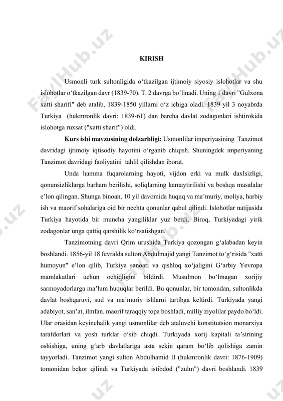 lar unga qattiq qarshilik koʻrsatishgan. tanzimotning davri qrim urushida turkiya qozongan gʻalabadan keyin boshlandi. 1856-yil 18 fevralda sulton abdulmajid yangi tanzimot toʻgʻrisida "xatti humoyun" eʼlon qilib, turkiya sanoati va qishloq xoʻjaligini gʻarbiy yevropa mamlakatlari uchun ochiqligini bildirdi. musulmon boʻlmagan xorijiy sarmoyadorlarga maʼlum huquqlar berildi. bu qonunlar, bir tomondan, sultonlikda davlat boshqaruvi, sud va maʼmuriy ishlarni tartibga keltirdi. turkiyada yangi adabiyot, sanʼat, ilmfan. maorif taraqqiy topa boshladi, milliy ziyolilar paydo boʻldi. ular orasidan keyinchalik yangi usmonlilar deb ataluvchi konstitutsion monarxiya tarafdorlari va yosh turklar oʻsib chiqdi. turkiyada xorij kapitali taʼsirining oshishiga, uning gʻarb davlatlariga asta sekin qaram boʻlib qolishiga zamin tayyorladi. tanzimot yangi sulton abdulhamid ii (hukmronlik davri: 1876-1909) tomonidan bekor qilindi va turkiyada istibdod ("zulm") davri boshlandi. 1839 yildan 1870 yilgacha adabiyotda qabul qilingan o'zgarishlarning nomi. tanzimotga oxirida vujudga kelgan portiy inqirozi sabab boʻldi xviii asr mamlakatning iqtisodiy va siyosiy tanazzulga uchrashi, urushlardagi mag'lubiyat, feodallarning separatizmi, ommaning noroziligi va ularning …